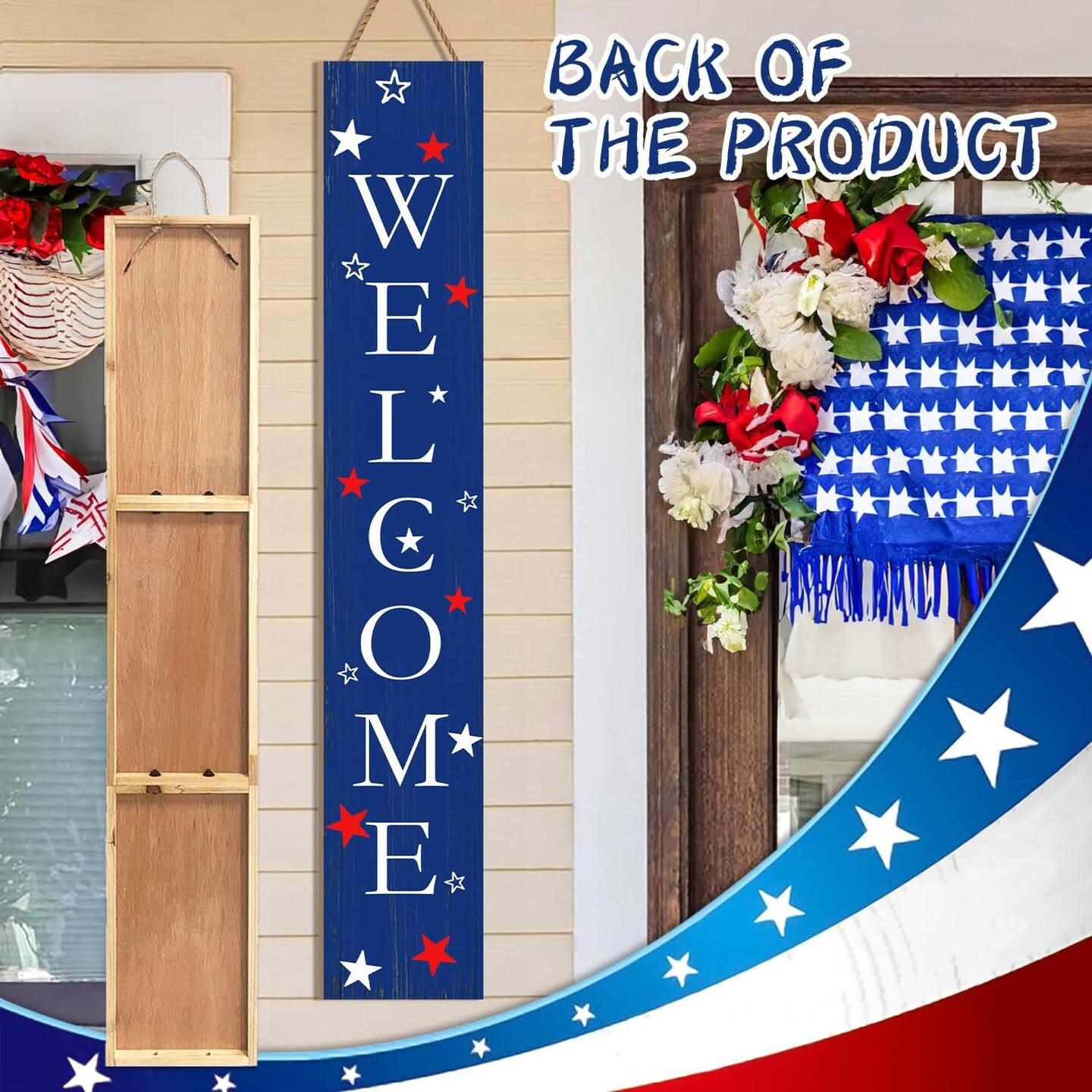 Memorial Day Decor Welcome Sign for Front Porch, American Flag Welcome Door Sign For Patio, 4th of July Vertical Yard Sign