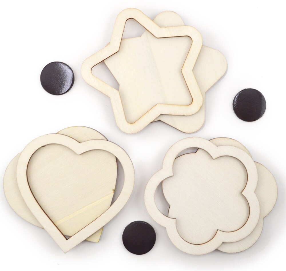 DIY Wood Frame Trio Sets with Magnets – Heart, Star, Flower, Geometric & Mixed Shapes for Crafting