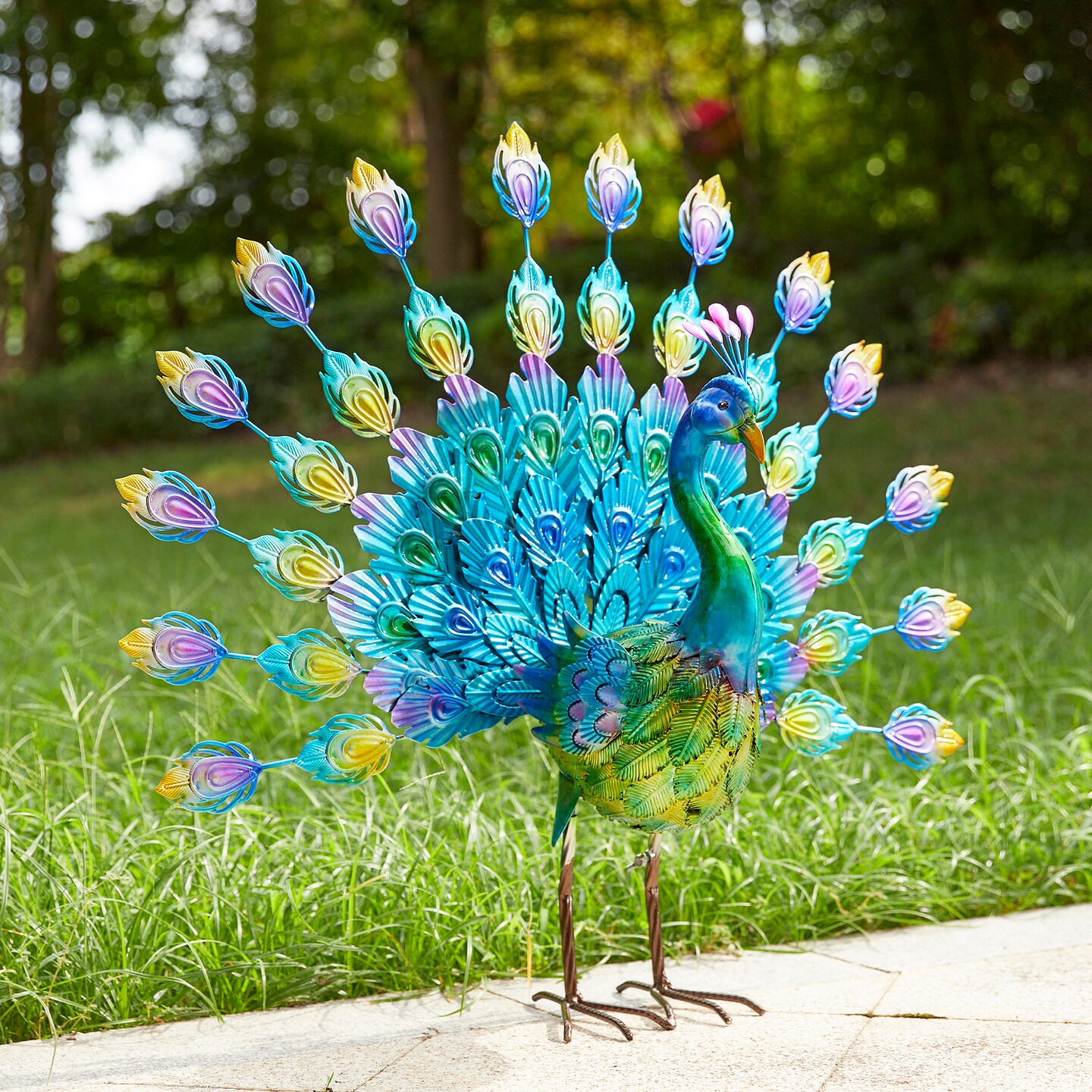Set of 2 28.75"W Metal Peacock Tail Spread Garden Statue with Stakes (KD)Metal Thickness: 0.3mm
