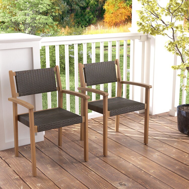 Stackable Outdoor Wicker Chairs Set of 2 Acacia Wood Mixed Brown Patio Seating