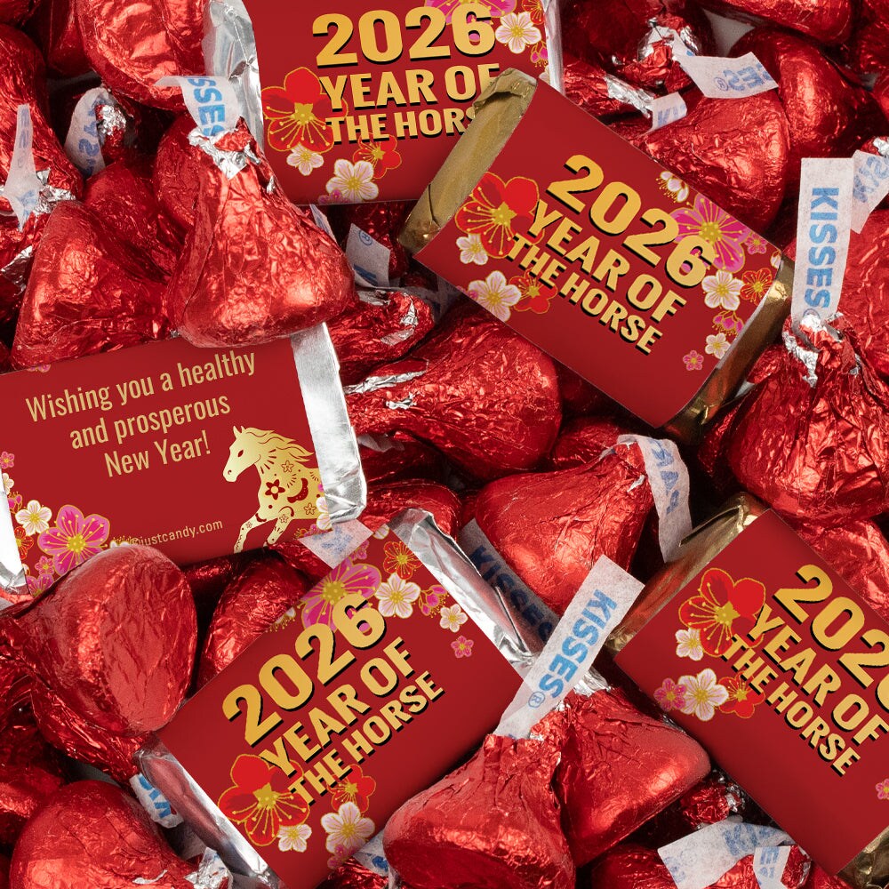 4.5lb Chinese New Year Assorted Red Chocolate Bulk Candy Mix With Wrapped Miniatures And Red Foiled Kisses For Wealth & Success - Year Of The Horse (372ct)