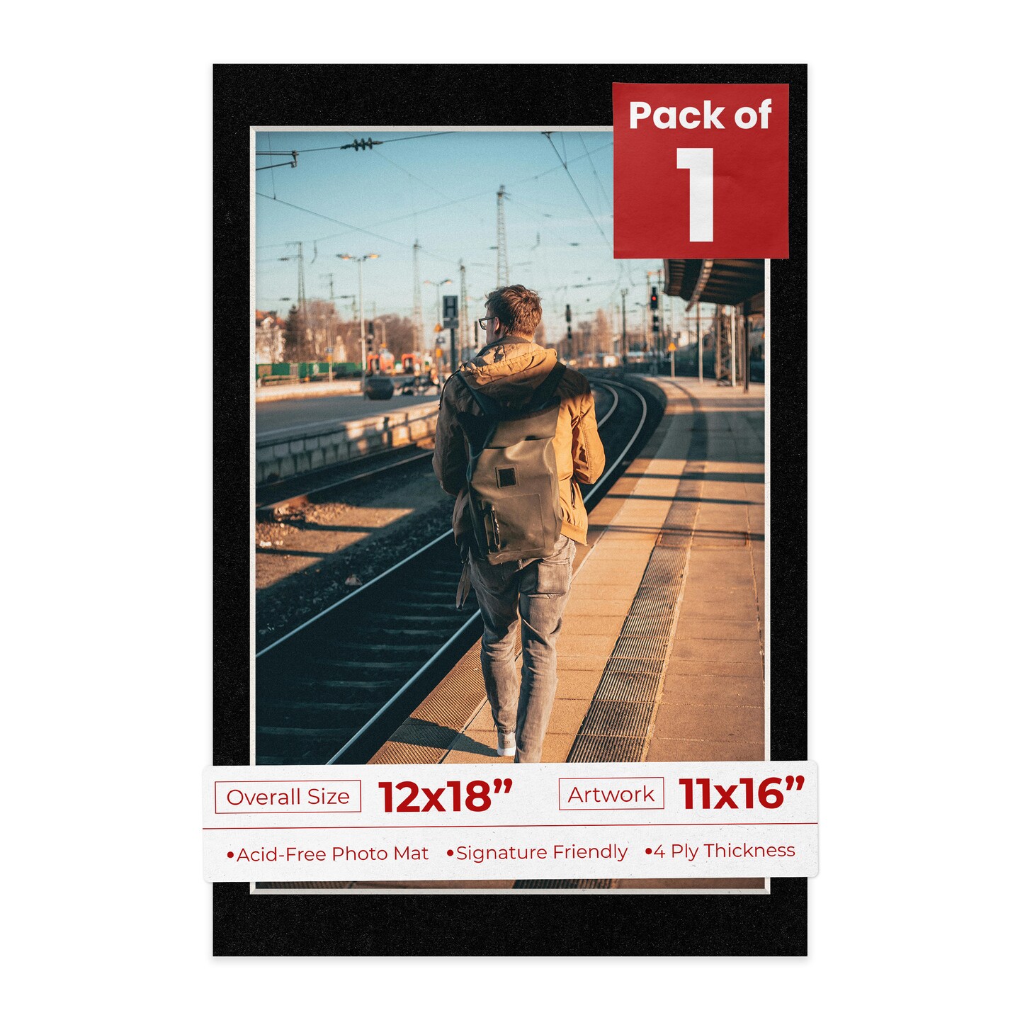 Black with Black Core Mat Board for 12x18 Frames - Fits 11x16 Photos