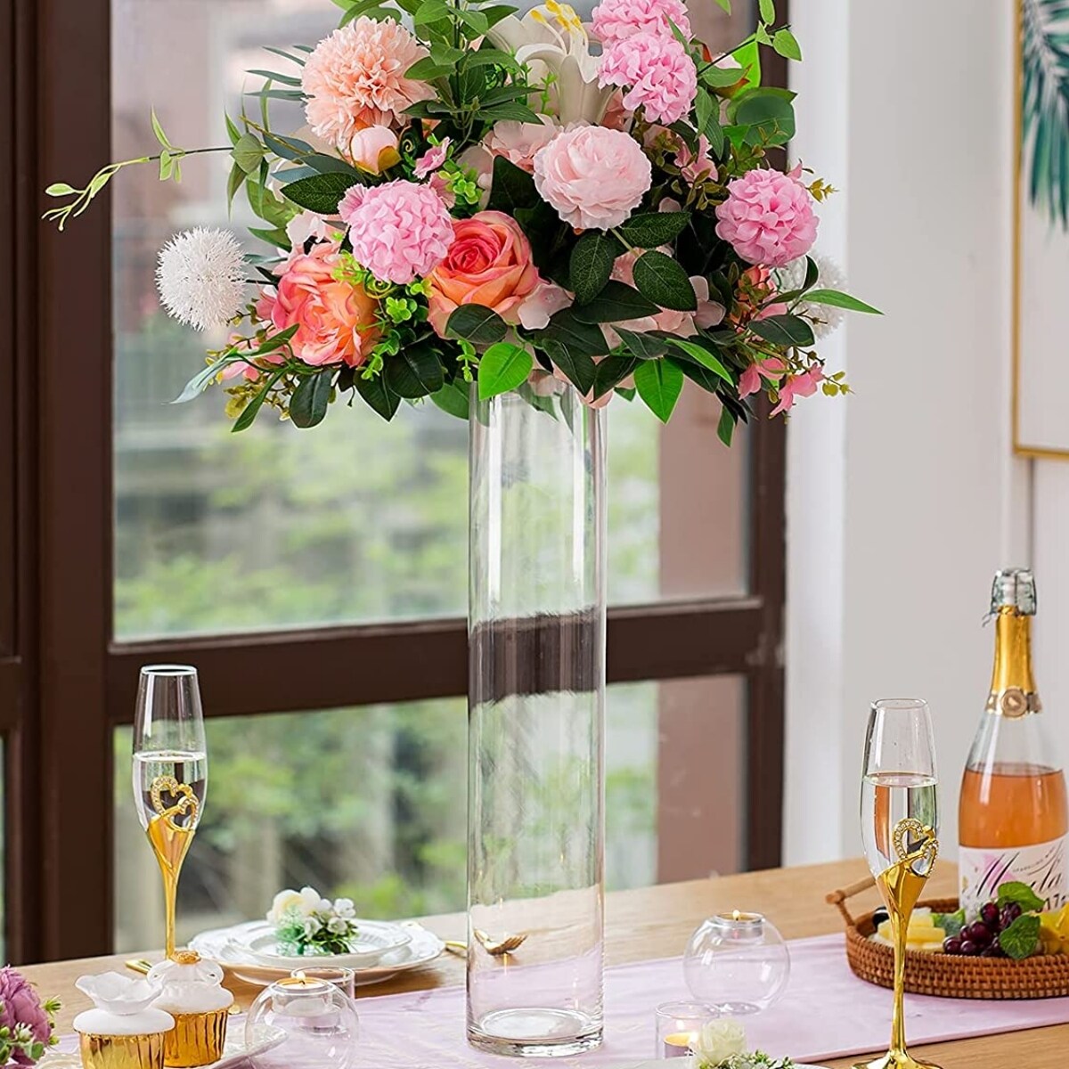 Crystal Clear Slim Glass Cylinder Vase Modern Table Centerpiece