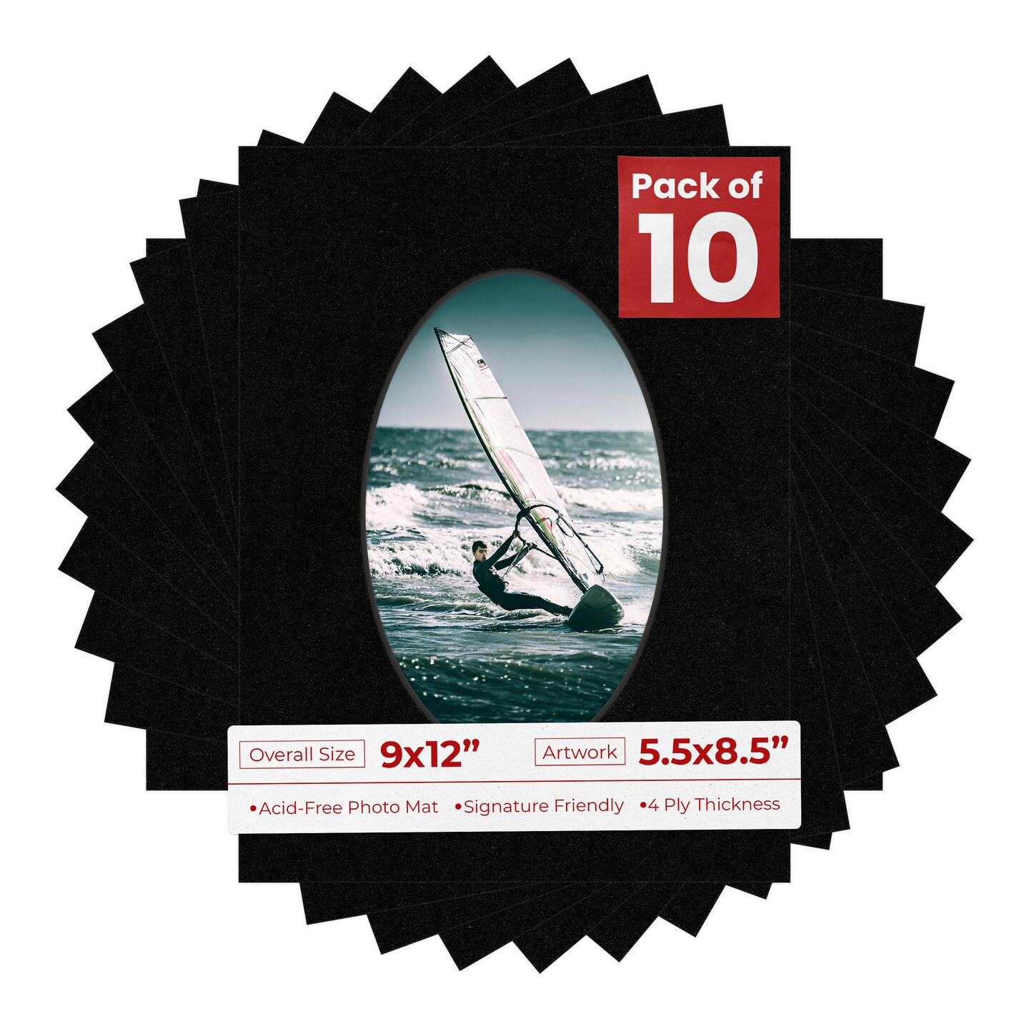 Black with Black Core Mat Board for 9x12 Frames - Oval Opening for 5.5x8.5 Photos