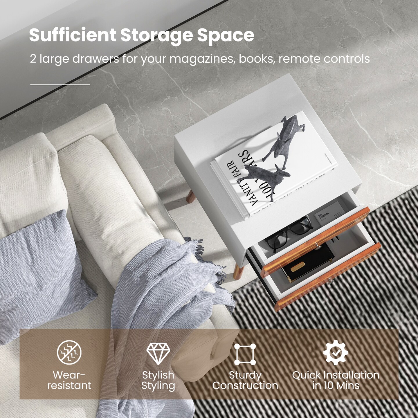 Wooden End Table with 2 Storage Drawers Mid-Century Modern Nightstand