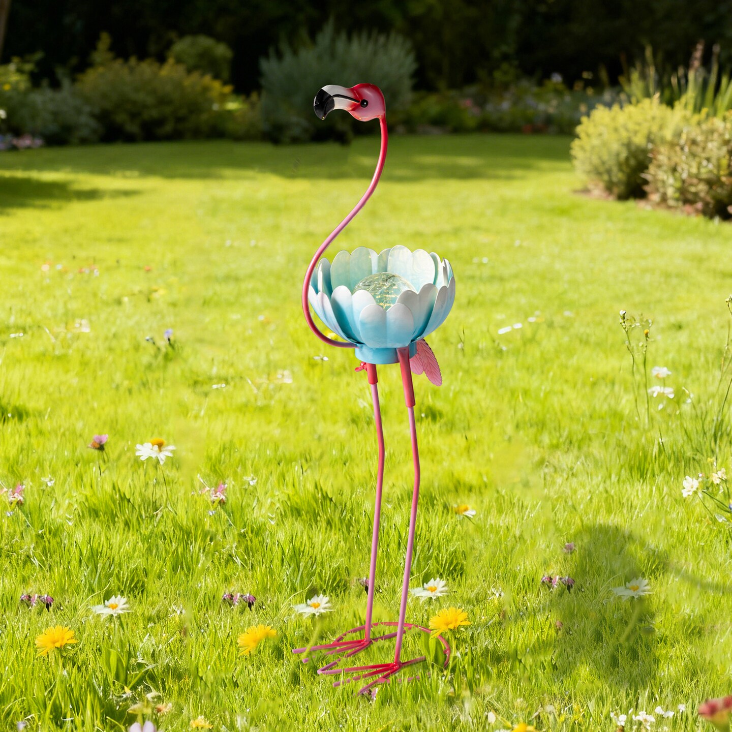 Set of 2 26.25"H Metal Solar Standing Flamingo Garden Statue (KD)
