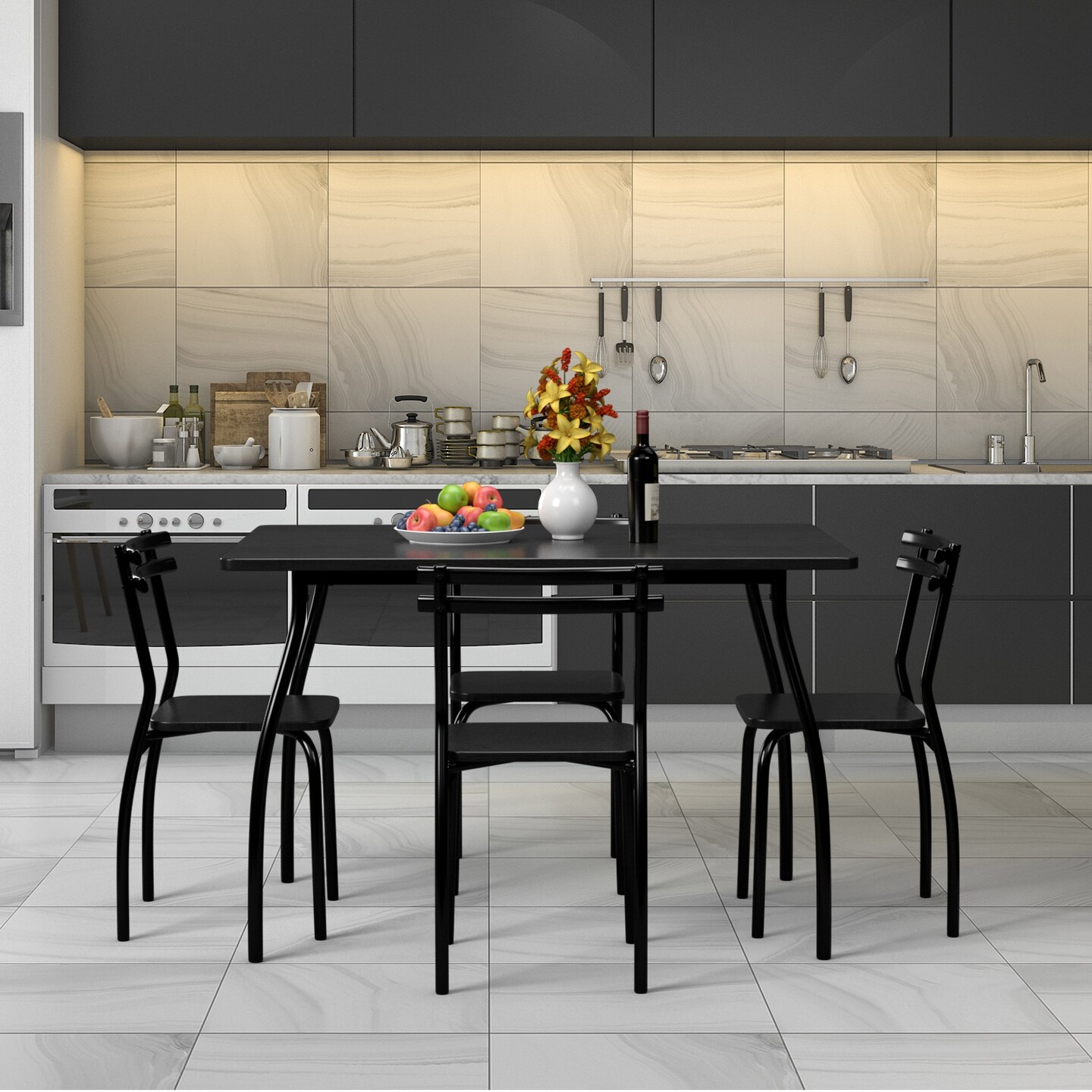 Black MDF Steel 5-Piece Dining Set with 4 Chairs Modern Kitchen Table