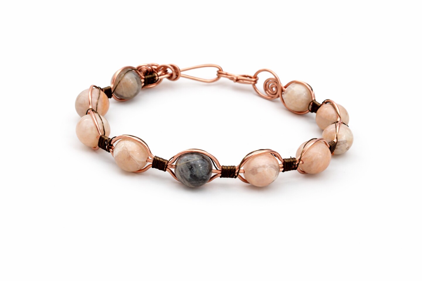 Handmade Sunstone Beaded Copper Wire Wrapped Cuff Bracelet  display picture 3