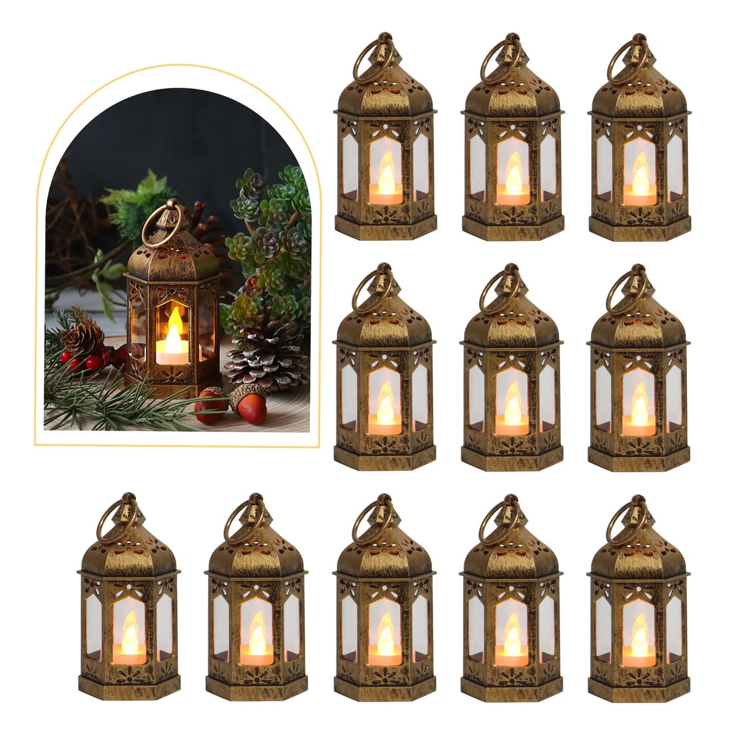 8Pcs Mini Lantern with LED Tealight, Vintage Brown Lanterns Decorative, Hanging Candle Lanterns for Ramadan Wedding Table Centerpiece Indian Diwali Decor, Garden Fairy Party Decorations