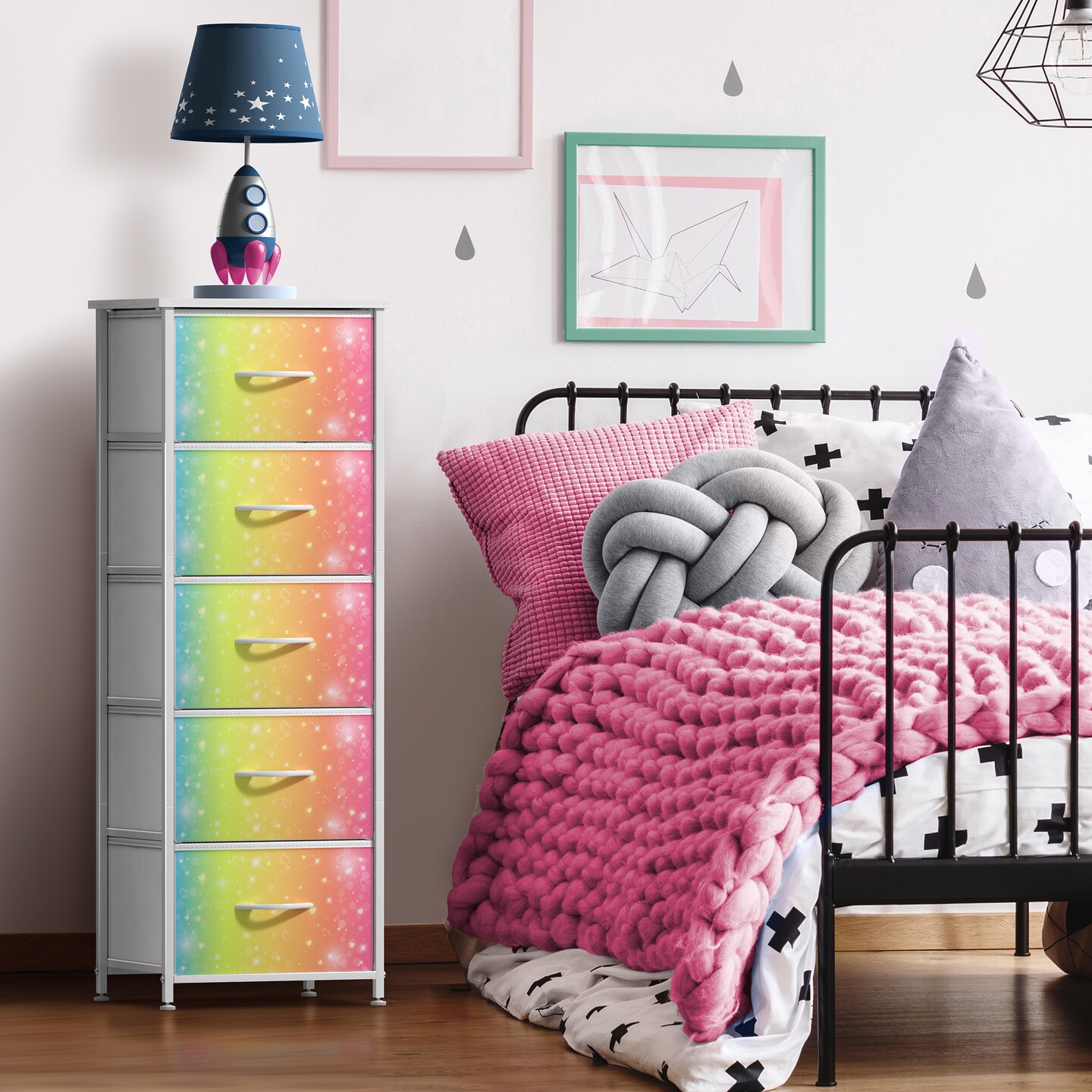 Sorbus Narrow 5 Drawers Nightstand with Steel Frame, Wood Top, Easy Pull Fabric Bins for Home, Bedroom, Office & Dorm
