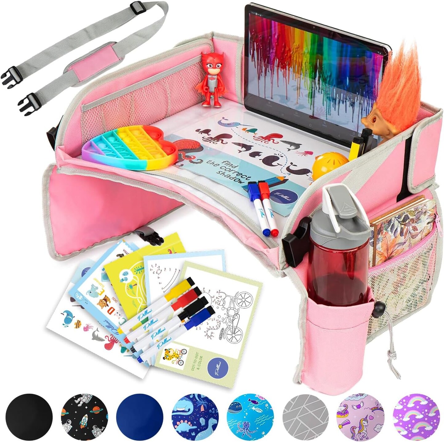 Kids Travel Tray for Car - Car Seat Tray for Kids Travel, Road Trip Must Haves, Car Trays for Kids Road Trip Essentials, Carseat Table Tray for Kids Road Trip Activities, Toddler Lap Desk Pink