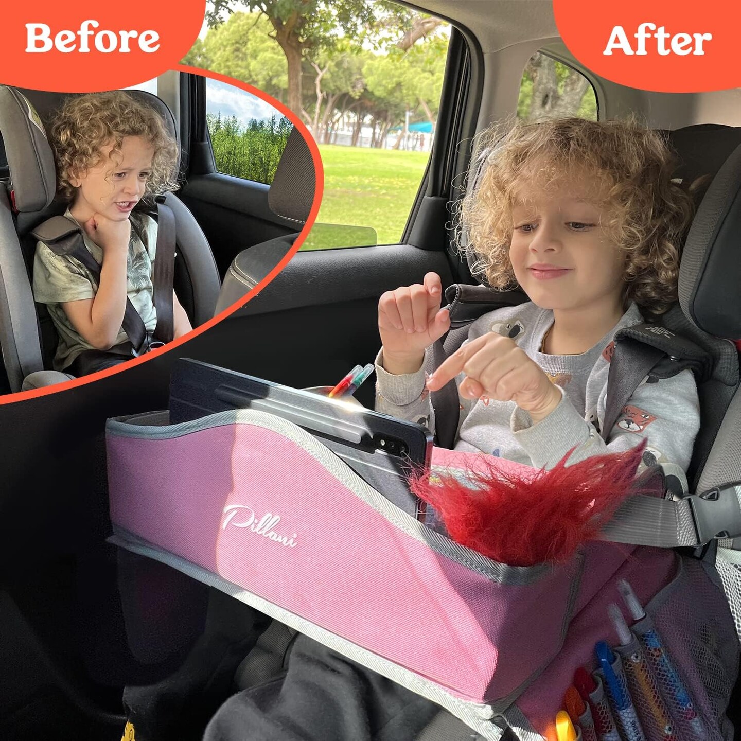 Kids Travel Tray for Car - Car Seat Tray for Kids Travel, Road Trip Must Haves, Car Trays for Kids Road Trip Essentials, Carseat Table Tray for Kids Road Trip Activities, Toddler Lap Desk Pink