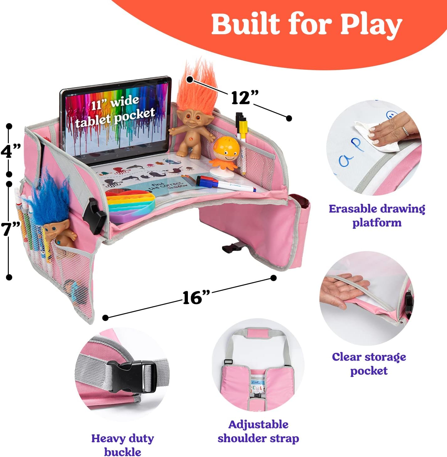 Kids Travel Tray for Car - Car Seat Tray for Kids Travel, Road Trip Must Haves, Car Trays for Kids Road Trip Essentials, Carseat Table Tray for Kids Road Trip Activities, Toddler Lap Desk Pink