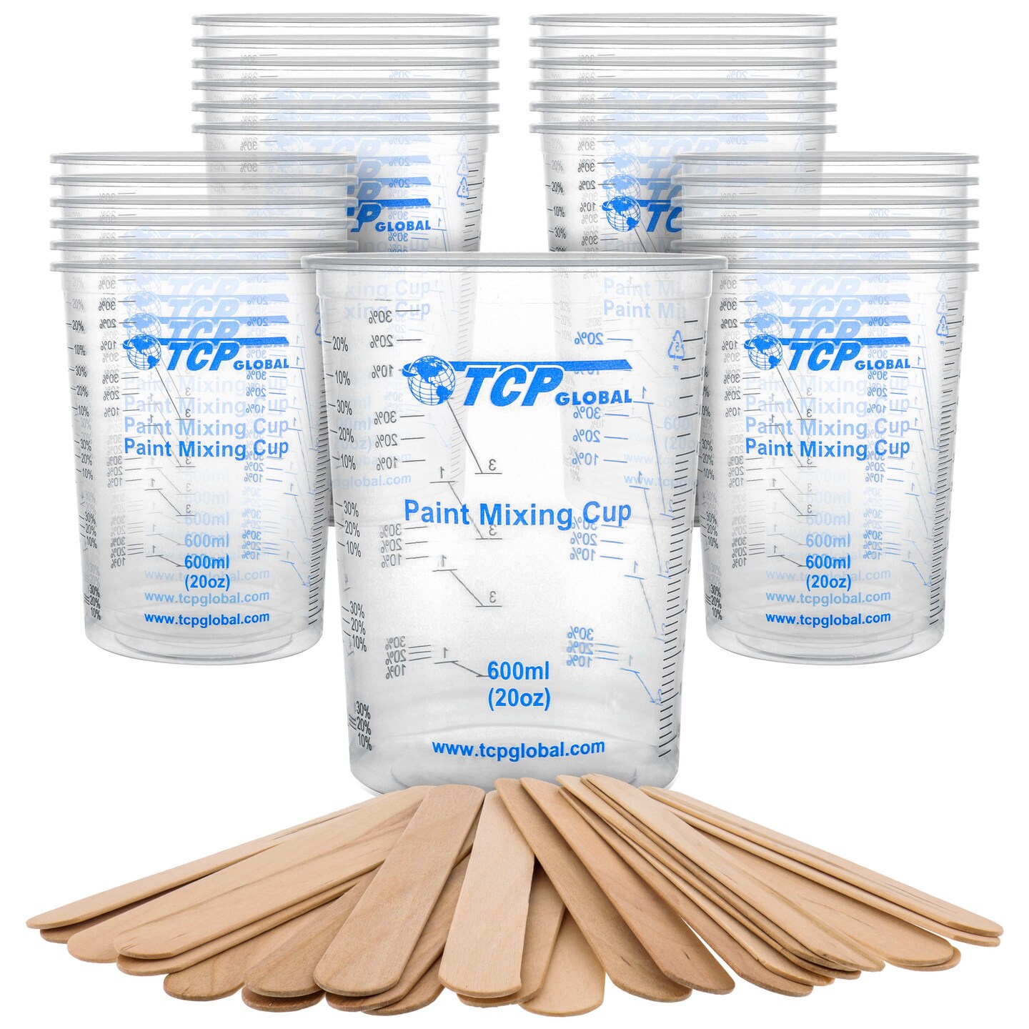 TCP Global 20 Ounce (600ml) Disposable Flexible Clear Graduated Plastic Mixing Cups Box of 25