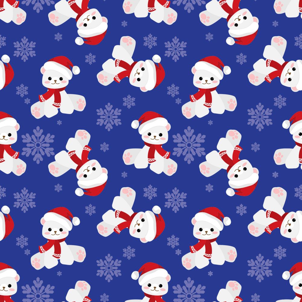 Christmas Teddy Bears and Snowflakes on Blue 100% Cotton Fabric