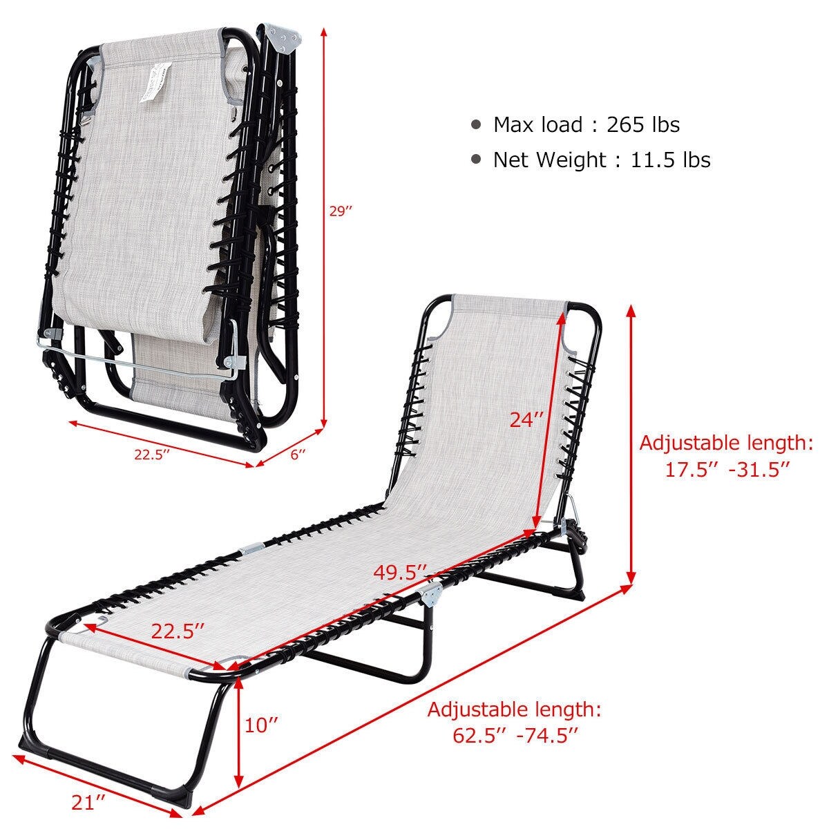 Adjustable Chaise Lounge Chair Foldable Steel Frame with Pillow Indoor Outdoor