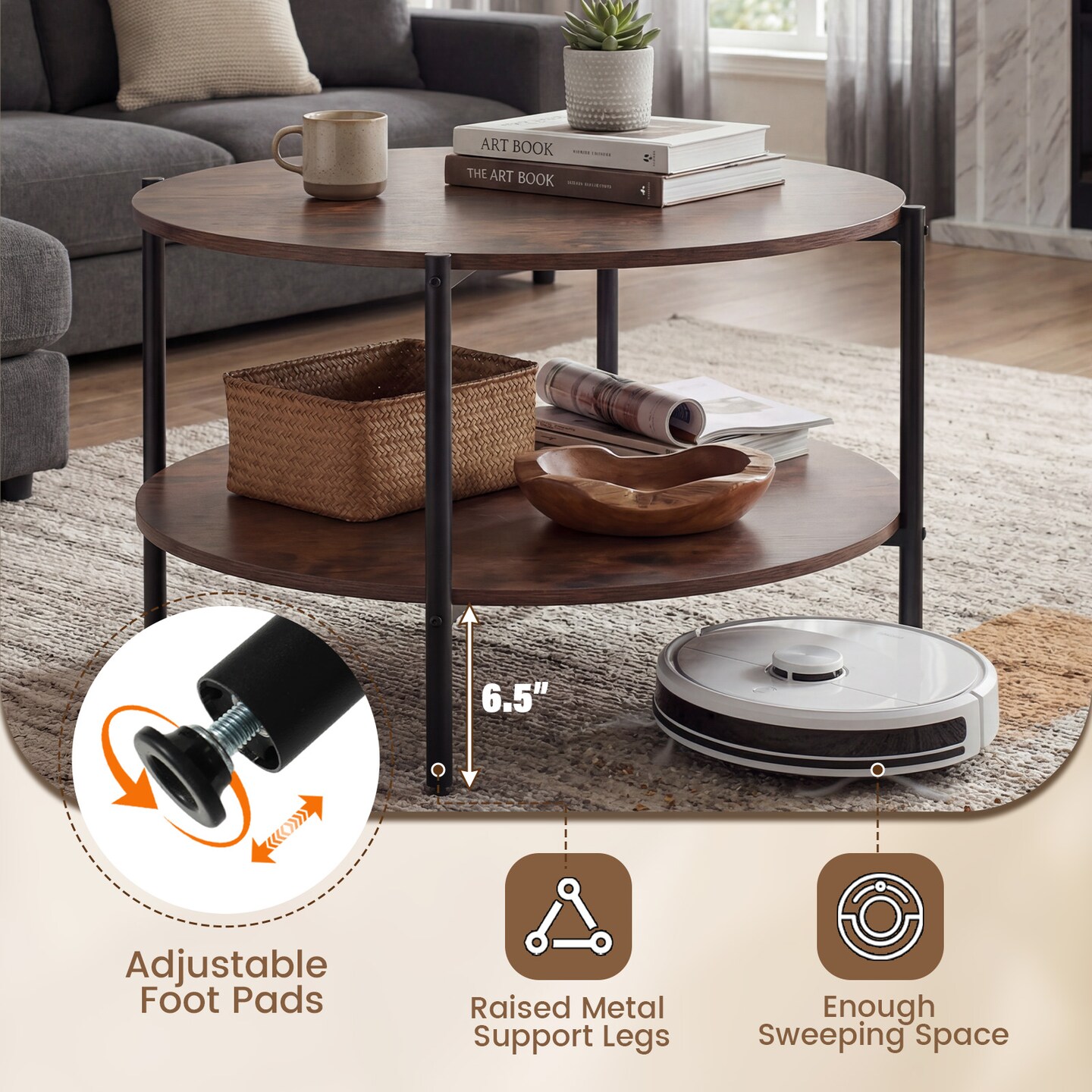 Rustic Brown Industrial Round Coffee Table 2-Tier Storage Accent Table