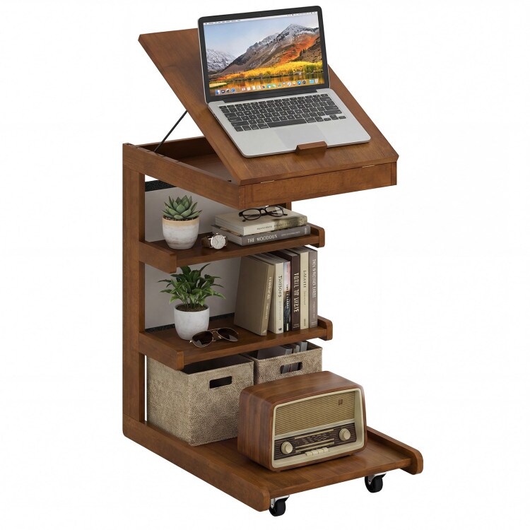 C-Shaped Rolling Table Tiltable Desktop 3 Shelves Hidden Compartment