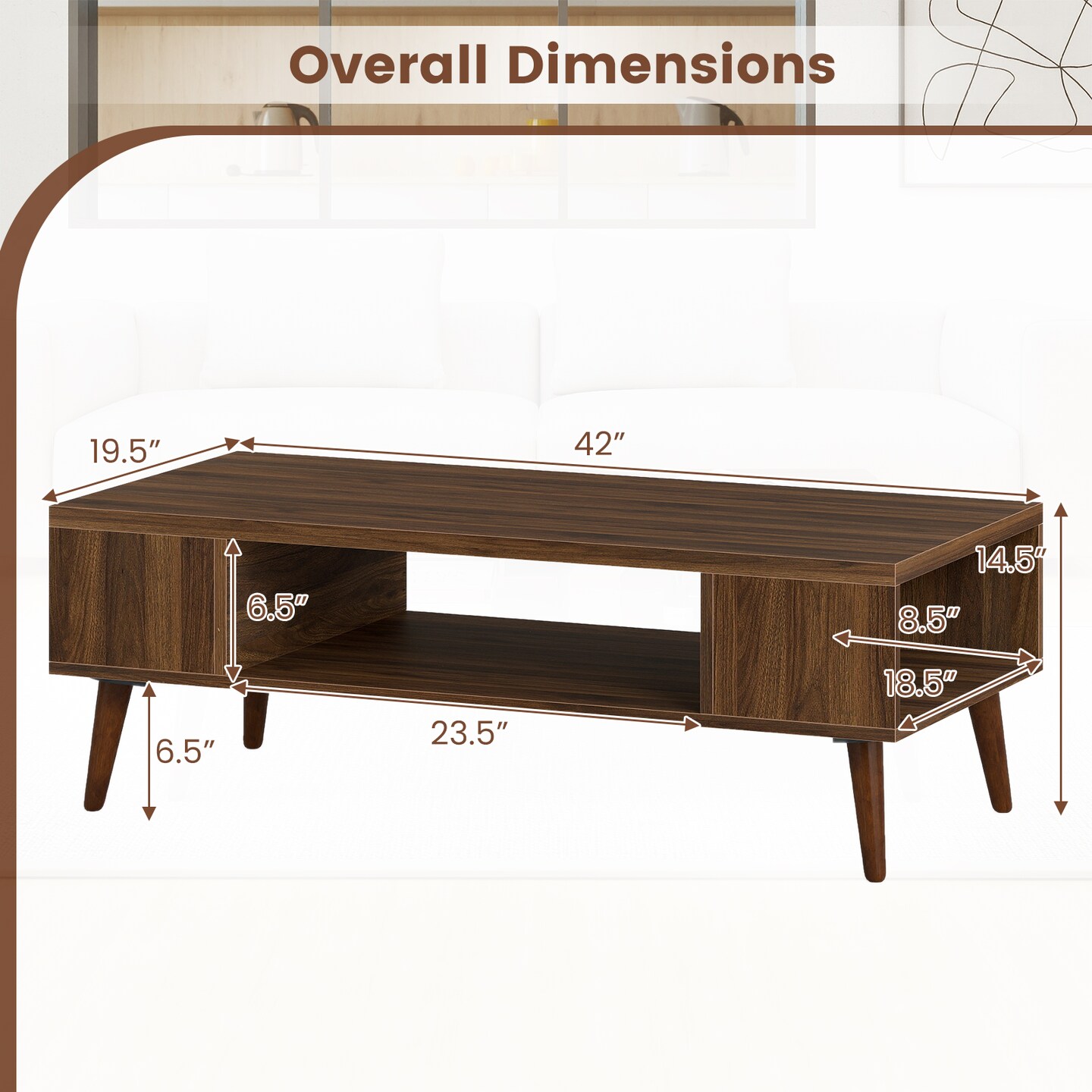 Walnut Rectangular Mid Century Coffee Table 42-Inch with Open Storage