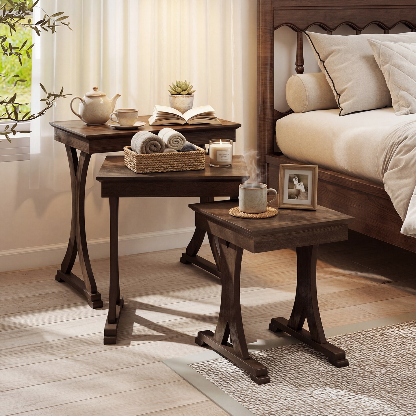Rubber Wood Nesting Coffee Table Set 3-Piece Vintage Living Room Tables
