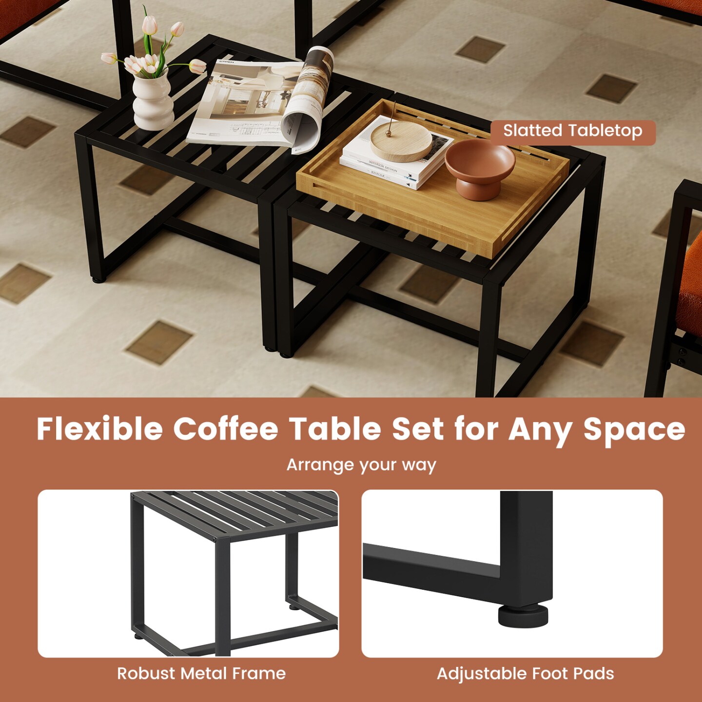 Industrial Side Tables Set of 2 Slatted Top Metal End Tables Black