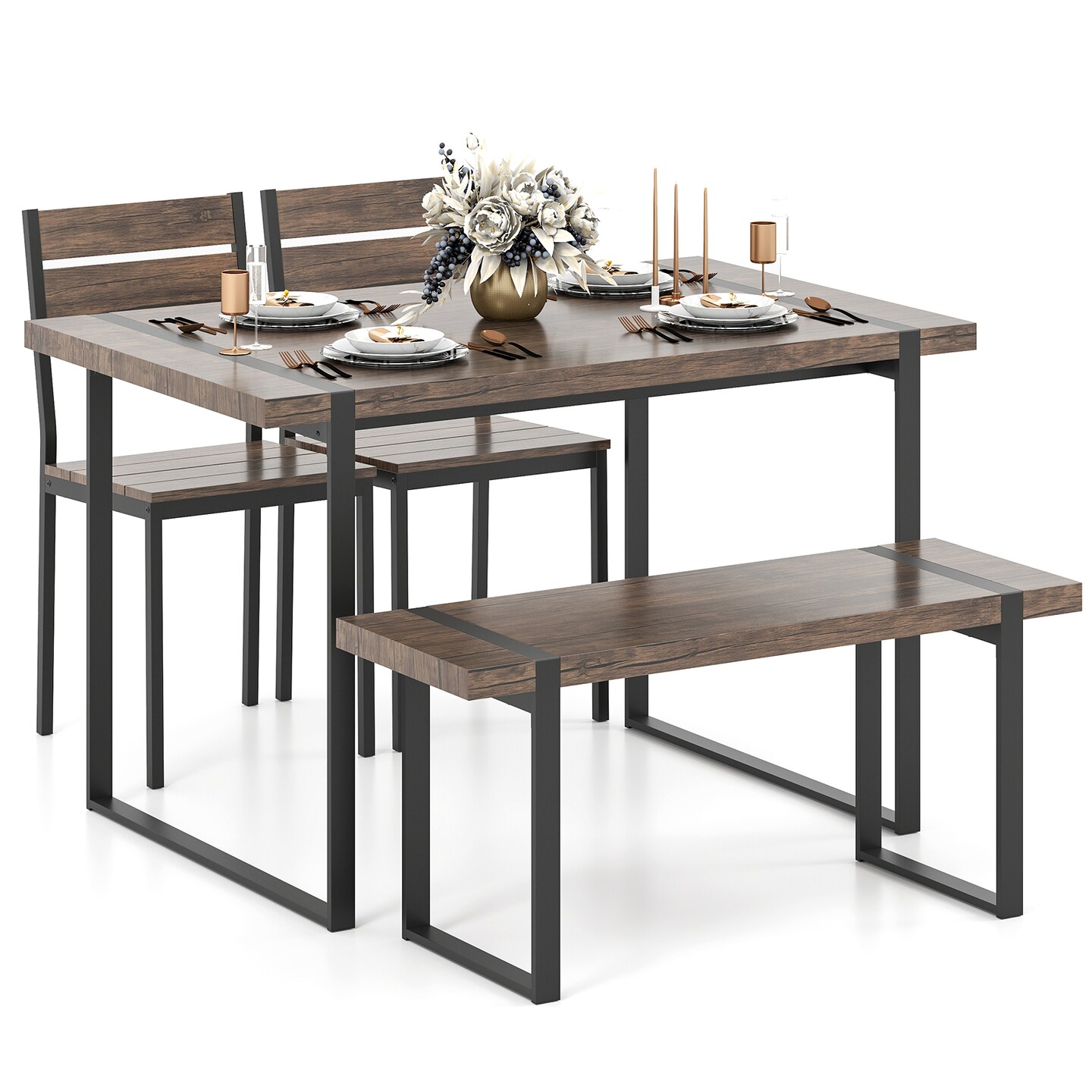 4 Piece Grey Black MDF Metal Dining Table Set with Bench and Chairs Space Saving