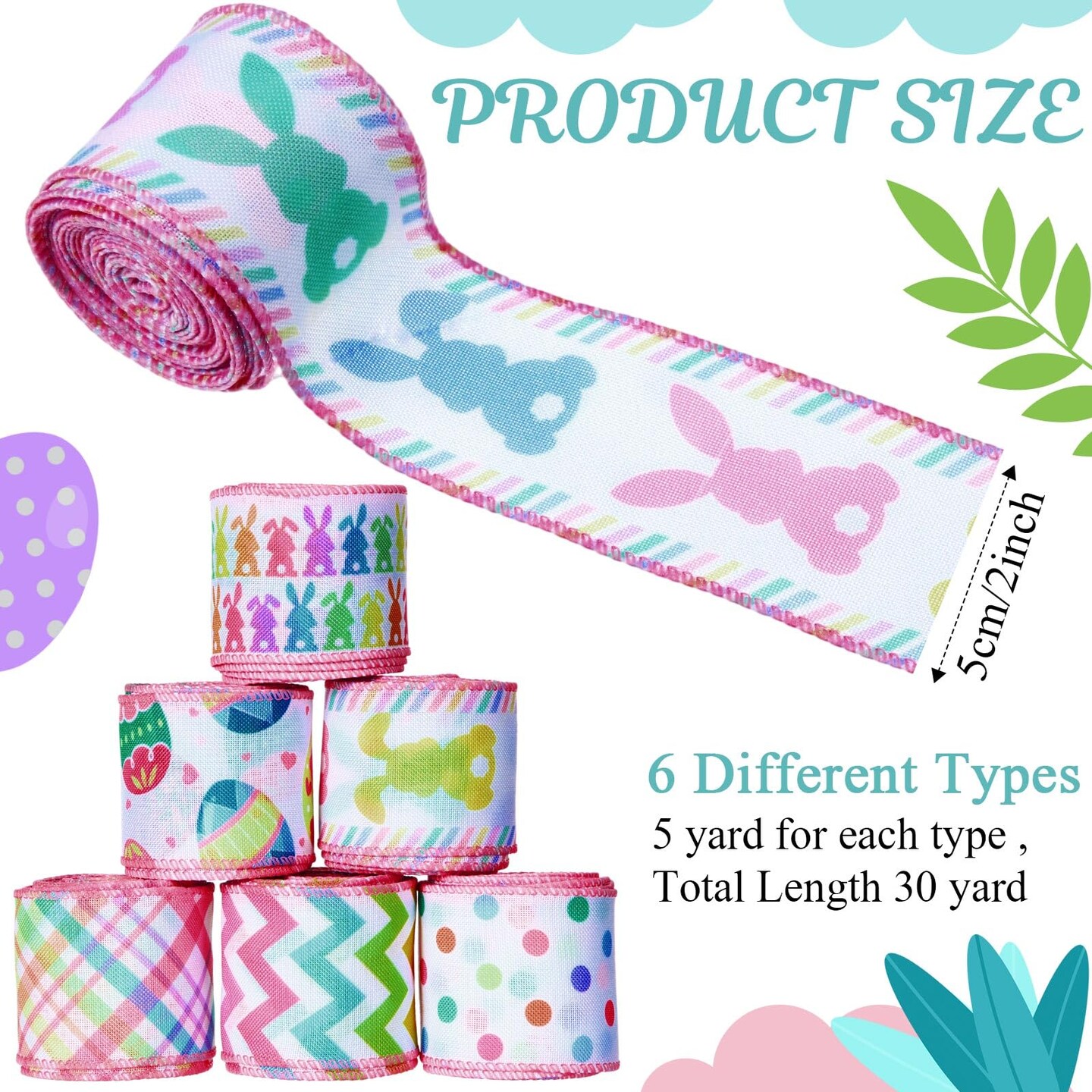6 Rolls 30 Yards Easter Wired Ribbons Edge Pastel Easter Egg Bunny Rabbit Plaid Dots Fabric Burlap Ribbons for Spring Holiday Decorations Gift Wrapping Wreath Bows DIY Crafts Making, 2 Inch