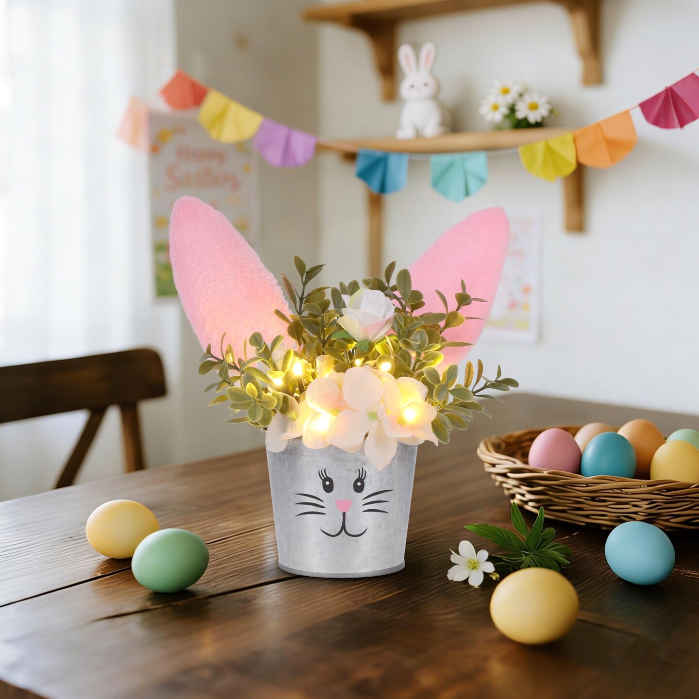 Easter Table Decorations Artificial Flower with Bunny Ear, Lighted Desk Decor Bunny Flowers, Easter Tabletop Decorations for Home Table Mantle Office Spring Party