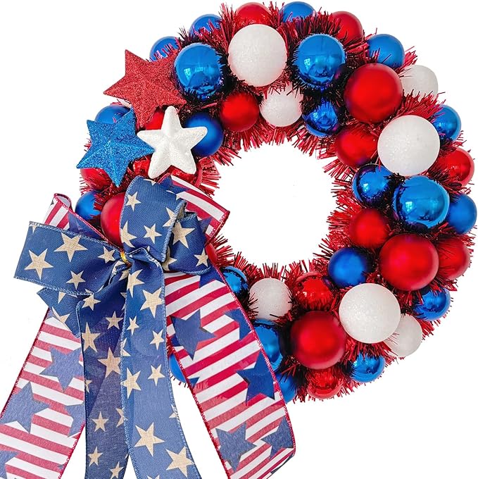 13 Inch Patriotic Front Door Wreath with Lights, Red White Blue Ball Wreath with Stars & Ribbon for 4th of July, Memorial Day, Veterans Day & Summer Decorations