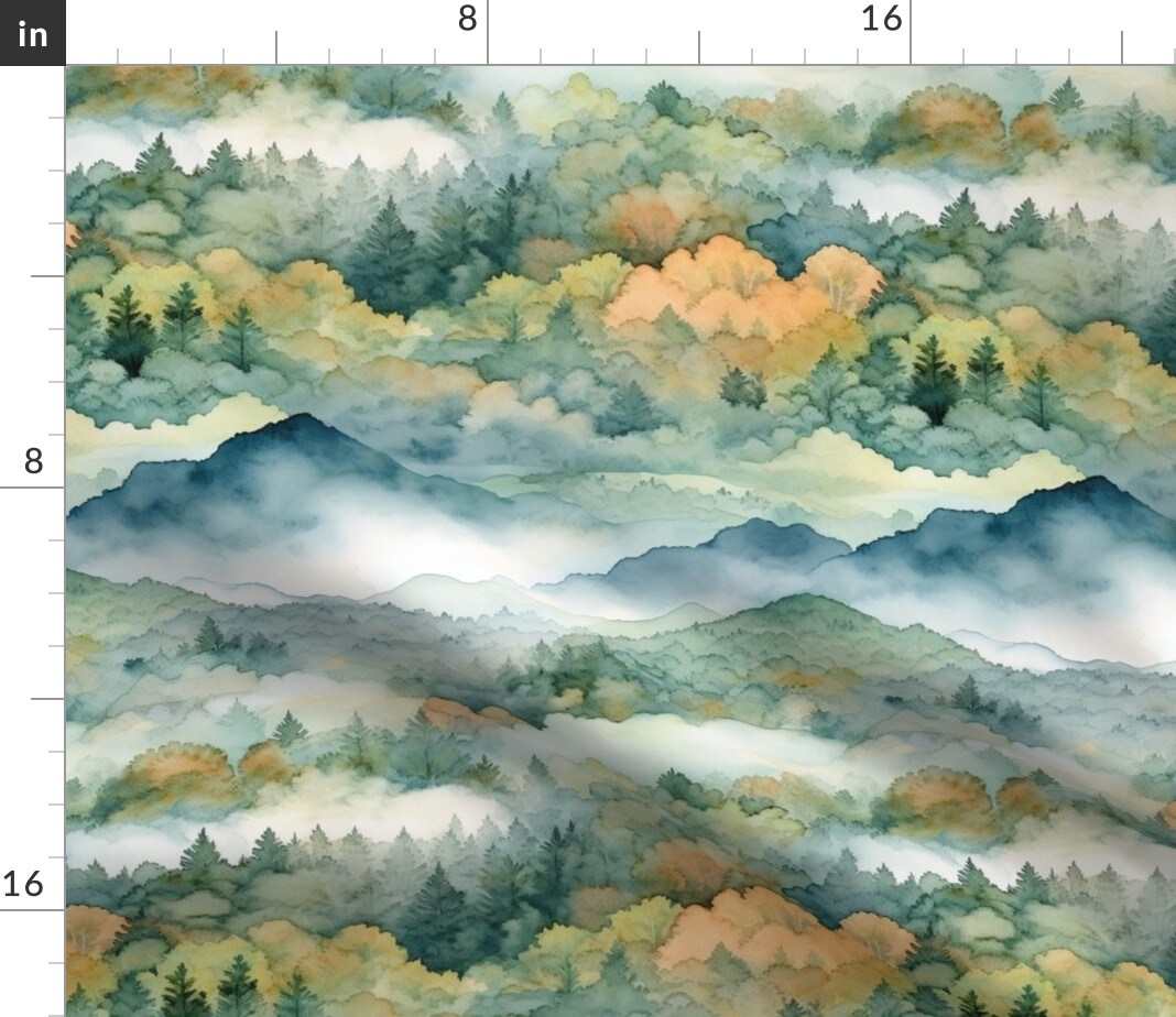 Mountain Landscape Watercolor Nature Smoky Mountains Trees Fall National Park Green Custom Printed Fabric by Spoonflower Various Fabrics by the Yard or Fat Quarter 15145956