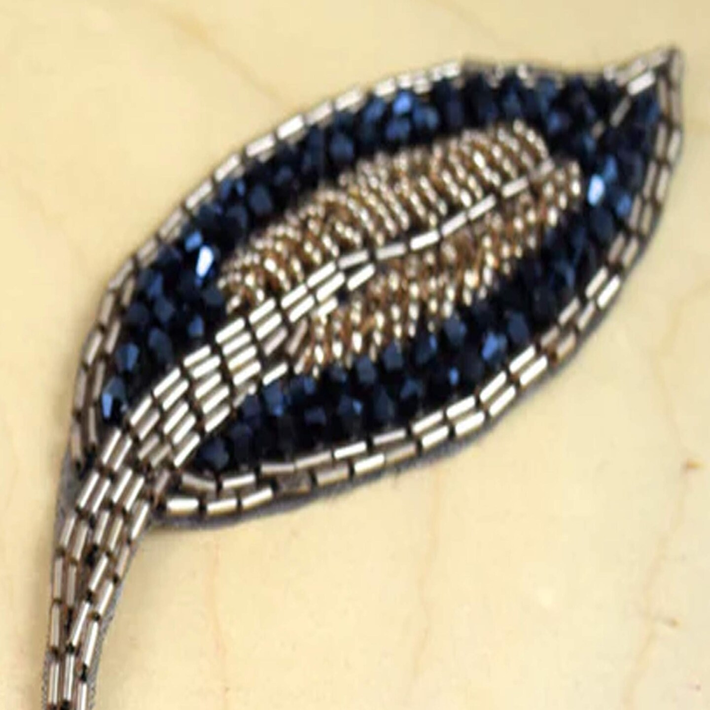 1 Patch 5" Leaf Navy Champagne Beaded Iron On Applique Patch for Dresses and Crafts