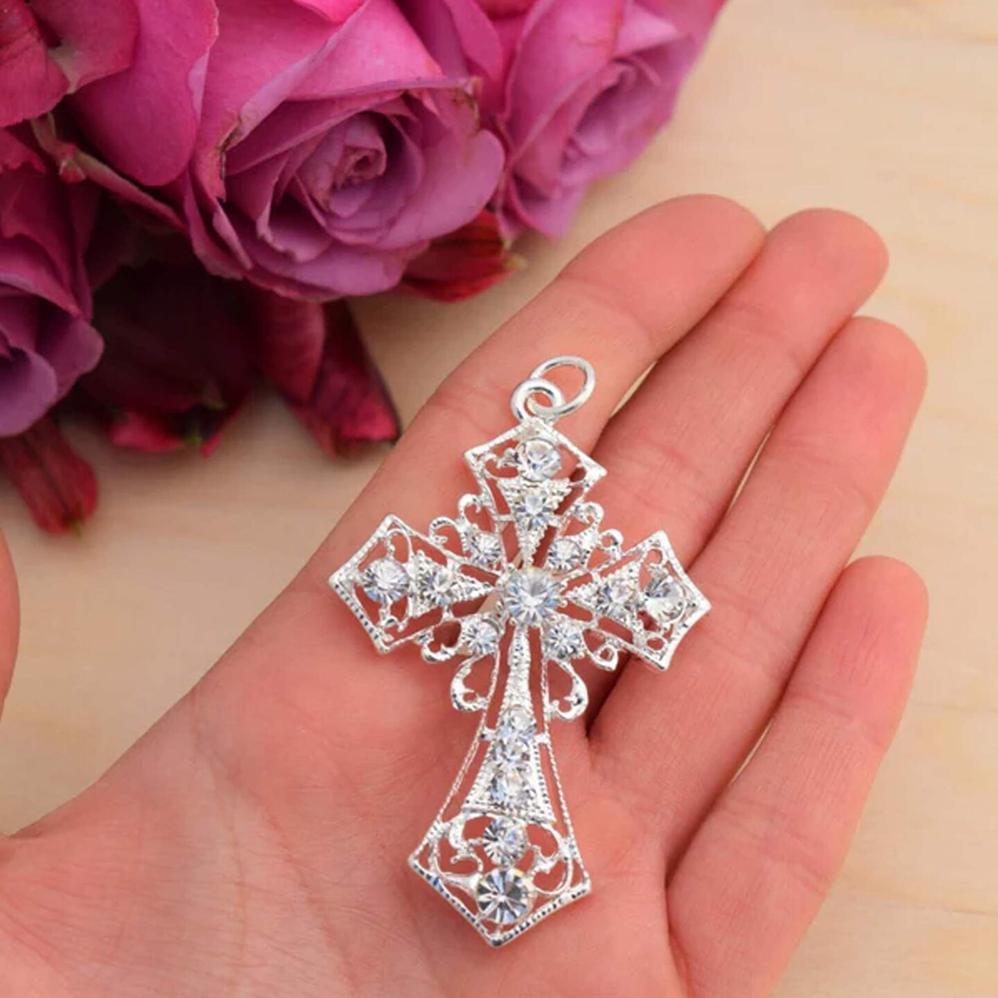 1 Piece 2.5x1.75 Silver Rhinestone Cross Charm Pendant Baptism Jewelry Craft