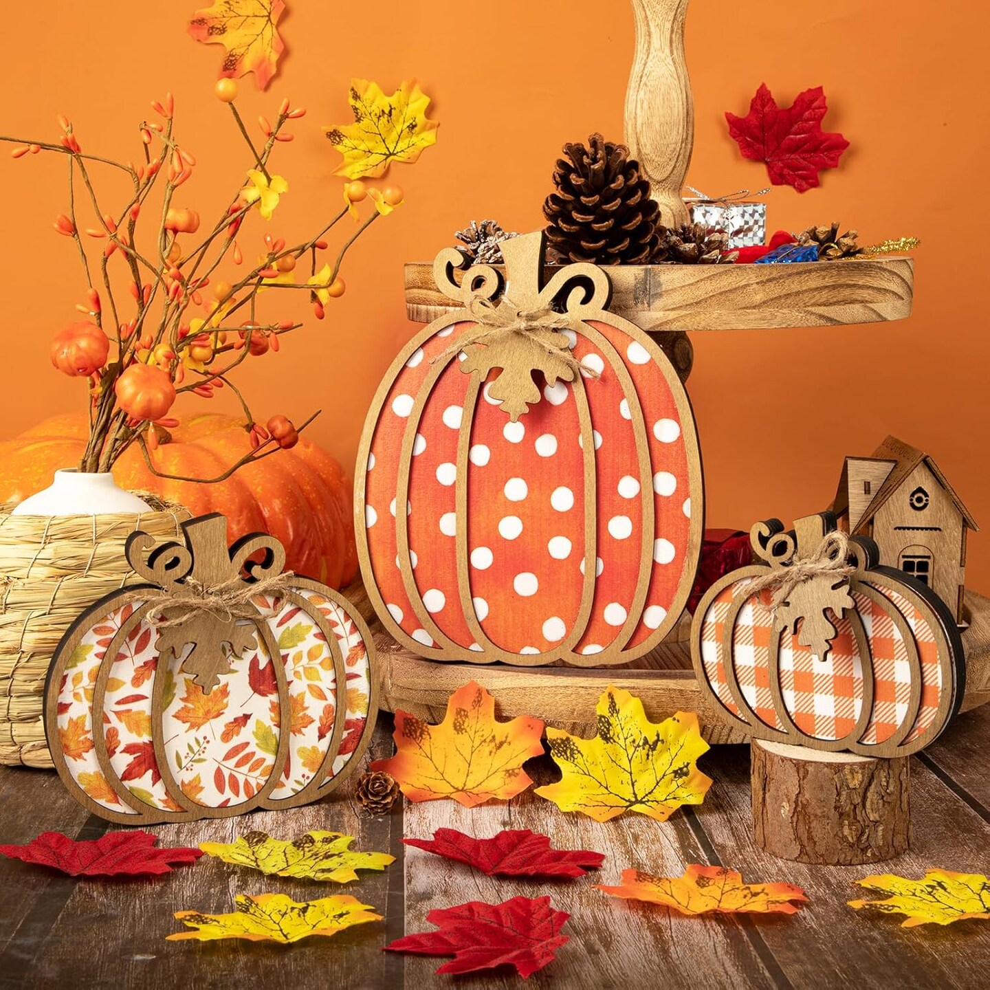 Fall Decor Wooden Plaid Pumpkin