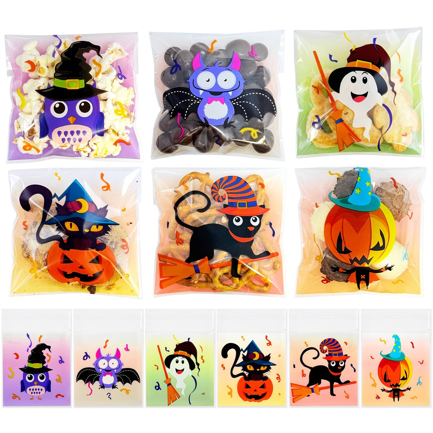 Wrapables Transparent Self-Adhesive 4" x 4" Candy and Cookie Bags for Party Favors, Trick or Treating (100pcs), Halloween