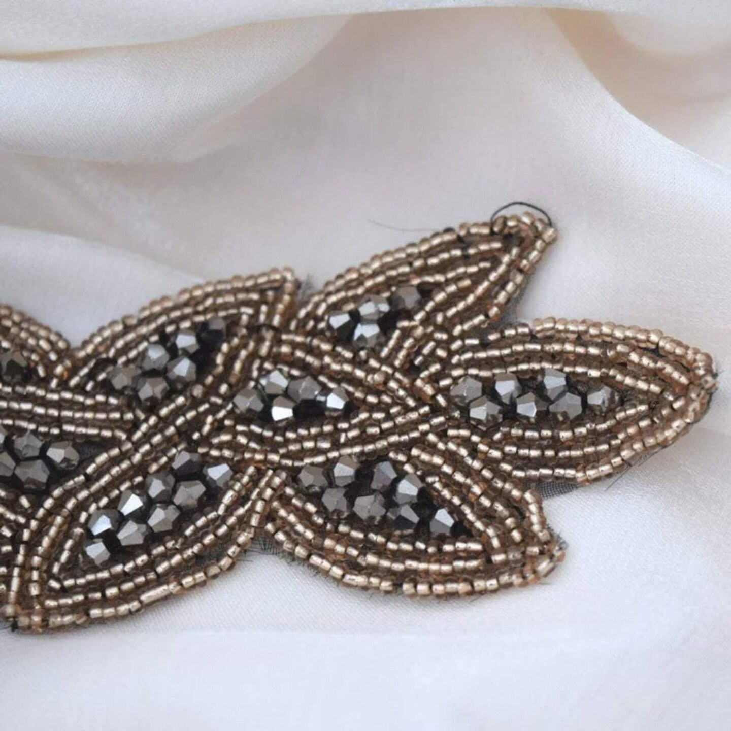 1 Piece 6&#x22;x2&#x22; Taupe Charcoal Beaded Applique Patch Iron On Rhinestone Embellishment