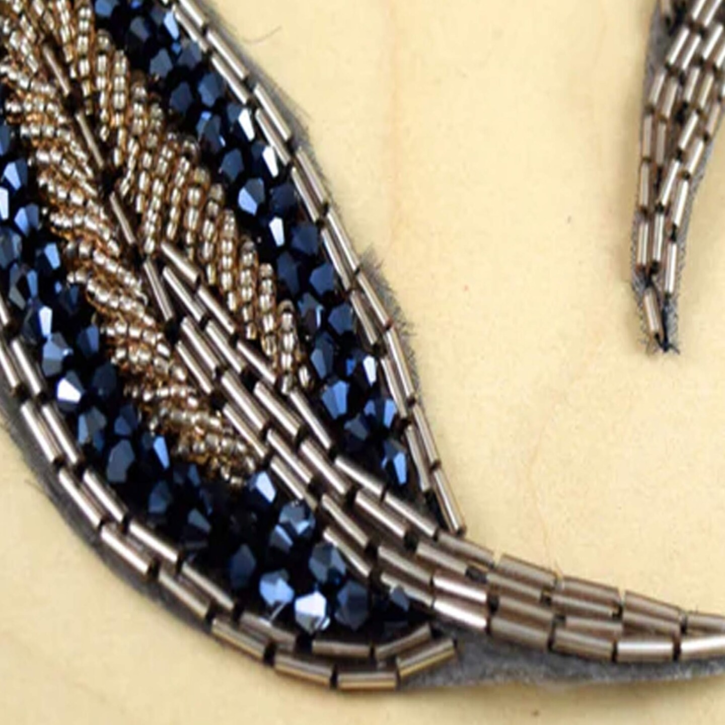 1 Patch 5" Leaf Navy Champagne Beaded Iron On Applique Patch for Dresses and Crafts
