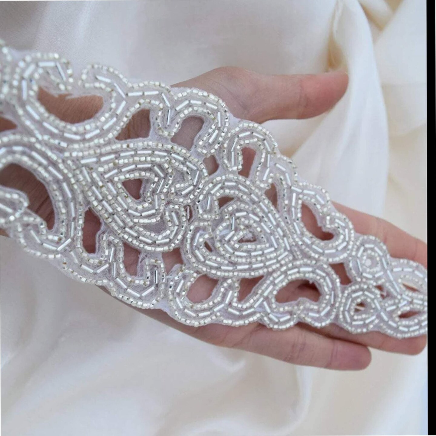 1 Piece 9.5" x 2.75" Silver Beaded Applique for Bridal Headpiece Wedding Gown Costume DIY