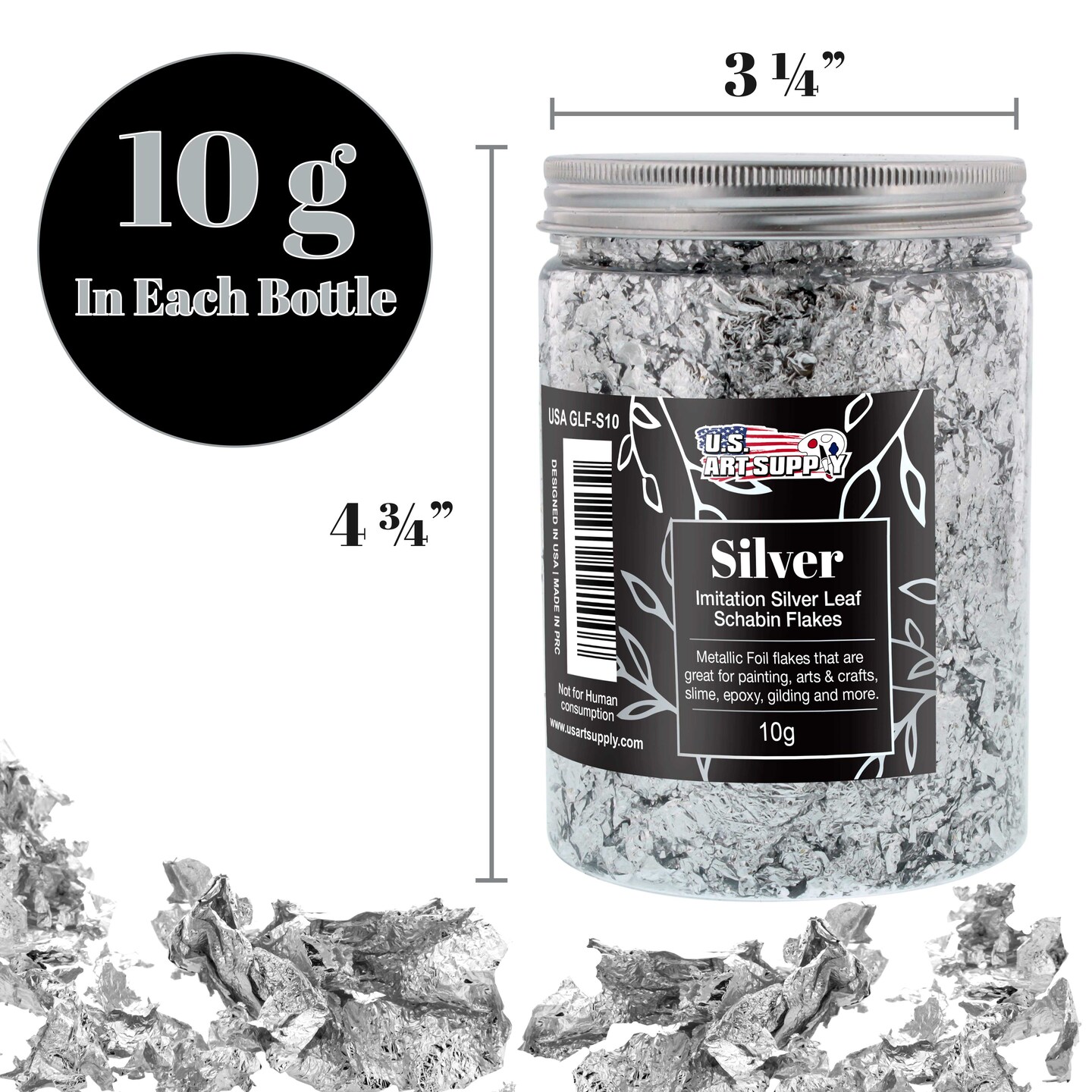 Metallic Foil Schabin Gilding Flakes, Imitation Silver10 Gram Bottle - Metal Leaf Foil Flakes for Resin, Nails, Crafts, Painting, Jewelry, Slime, Arts and Crafts