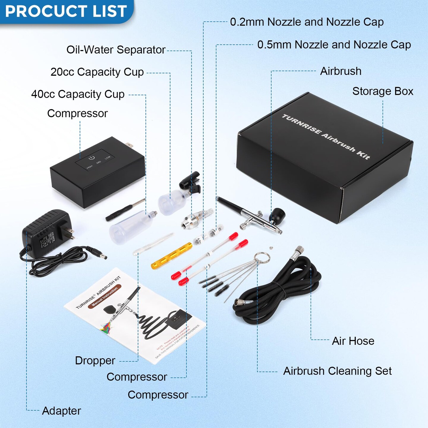 Airbrush Kit with Air Compressor: 50PSI High Pressure Air Brush Kit with 0.2/0.3/0.5mm Nozzle & Cleaning Set for Painting, Modeling, Cake Decorating, Makeup, Nails, Crafts
