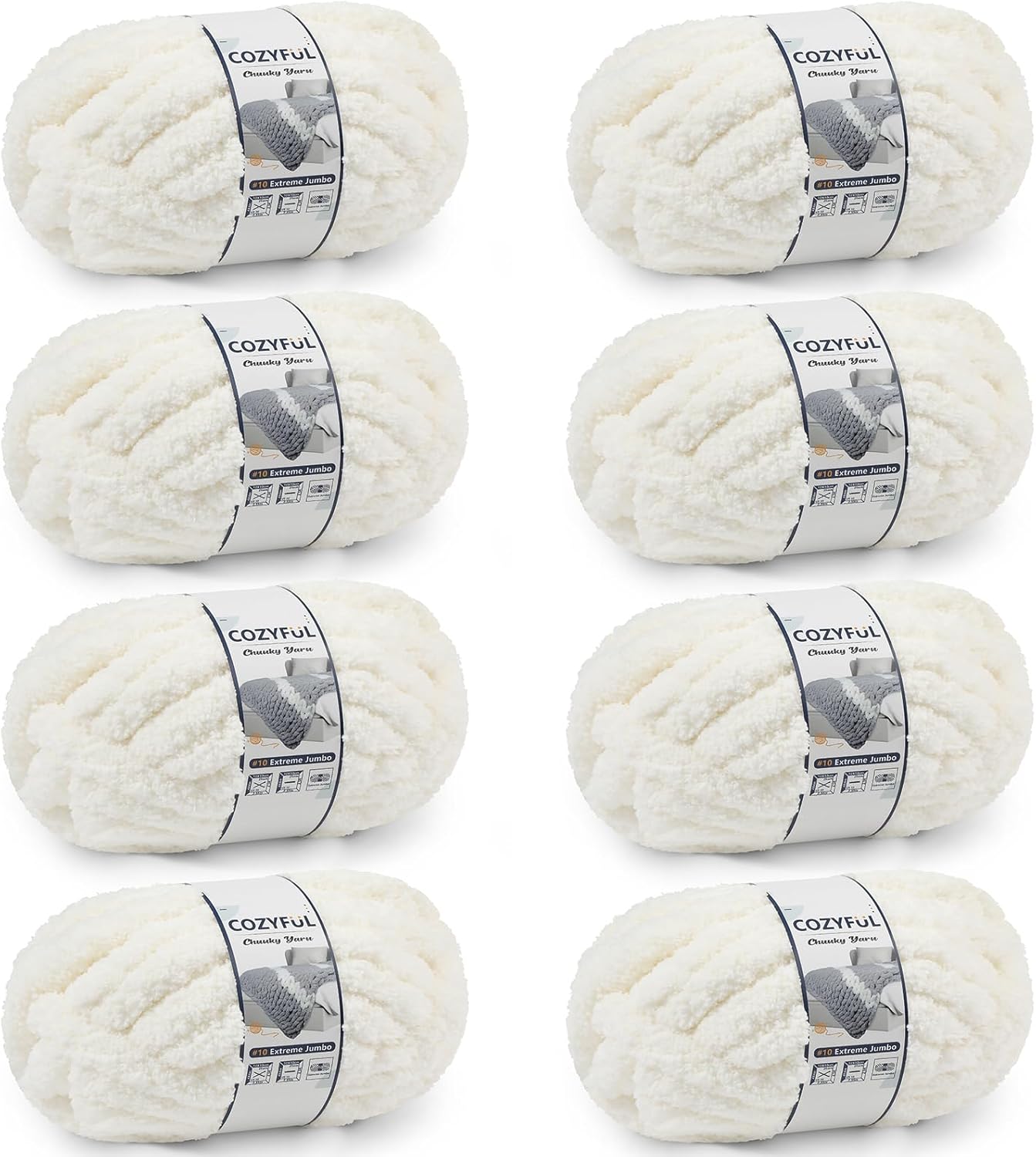 Chunky Chenille Yarn #10 – 8-Pack Jumbo Super Bulky Yarn, 25 yds / 8 oz Each, Cream – Thick Fluffy Yarn for Hand Knitting, Crocheting, Blankets & DIY Crafts