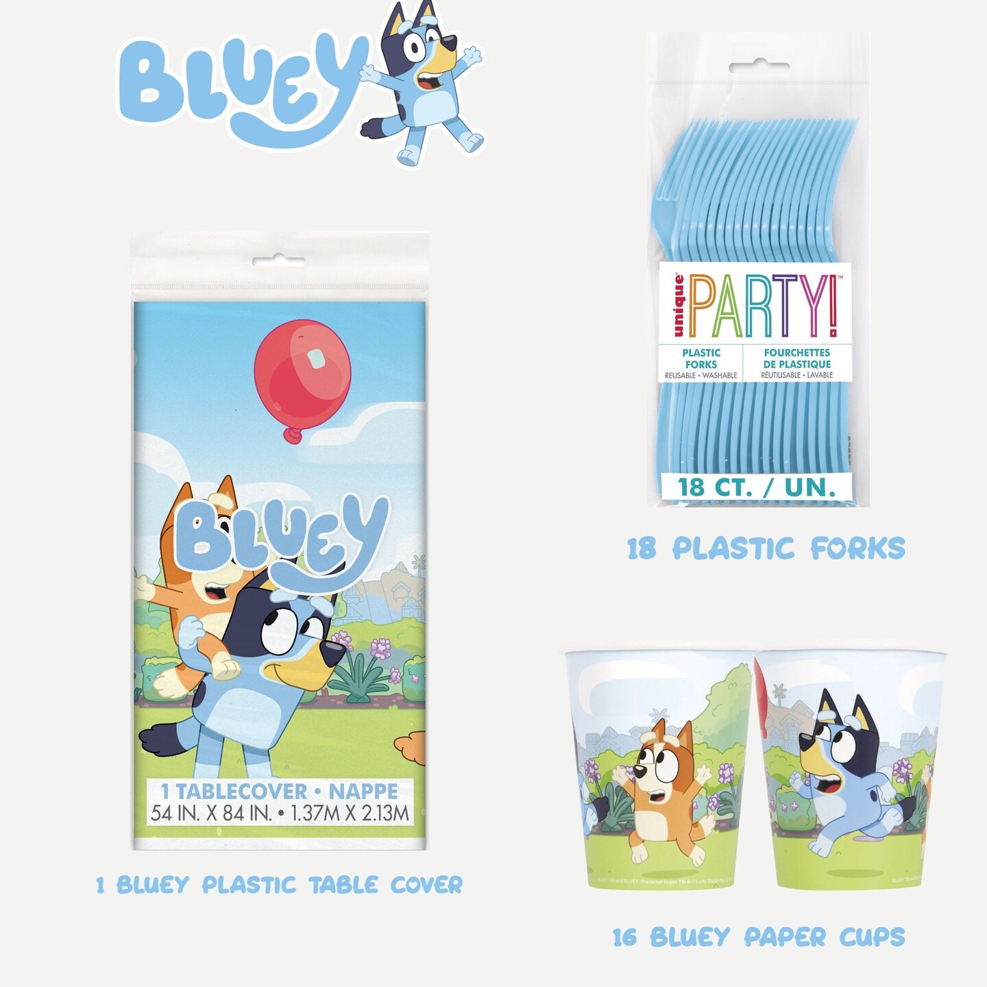 Bluey Birthday Party Supplies Bundle with Bluey Dinner Plates &#x26; Cake Plates, Bluey Napkins, Bluey Table Cover, Bluey Cups, and Forks - Serves 16