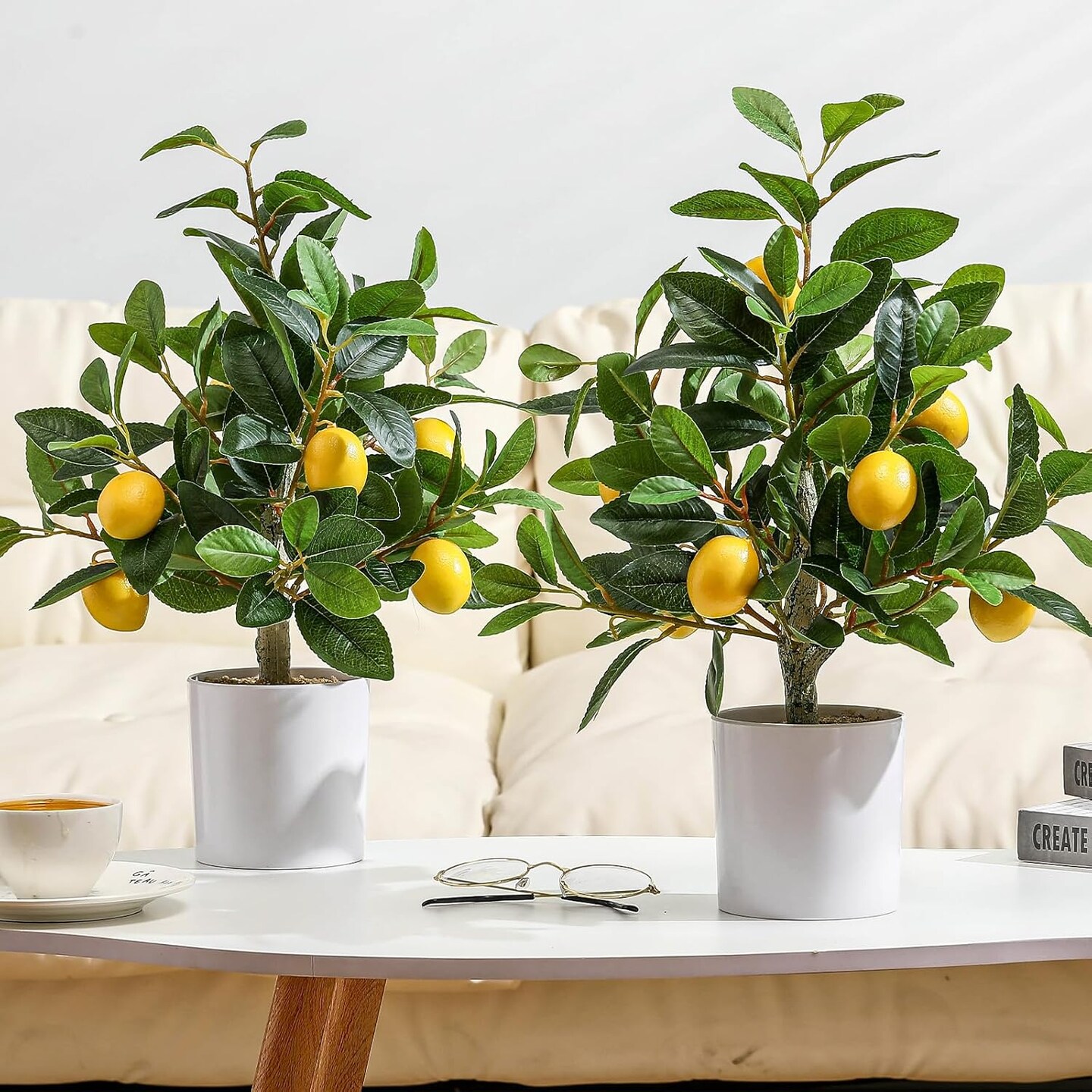 2-Pack Artificial Lemon Trees – 15.7-Inch Faux Potted Citrus Plants with White Pots, Lifelike Indoor Décor for Home, Kitchen, Office, Living Room, or Tabletop Display