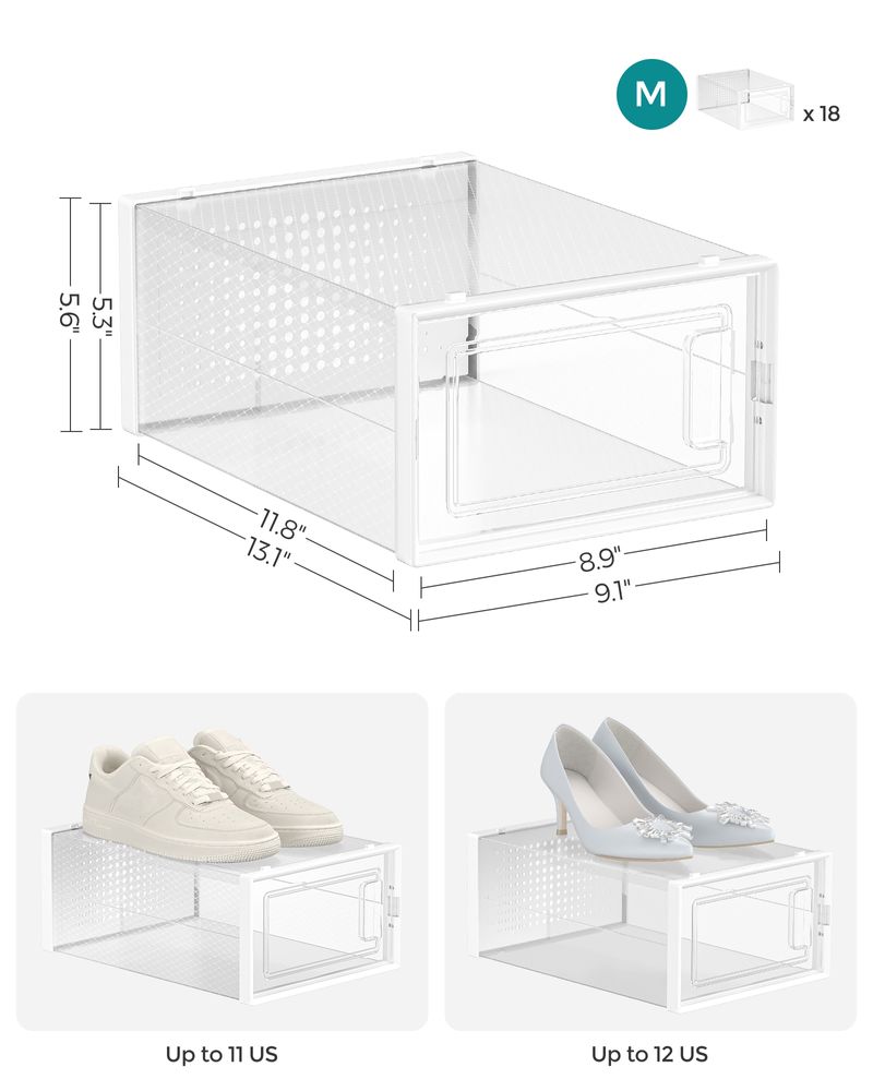 Transparent-White Stackable Shoe Storage Boxes, Clear Front Door Design, Ventilated Organizer Bins, Space-Saving Closet