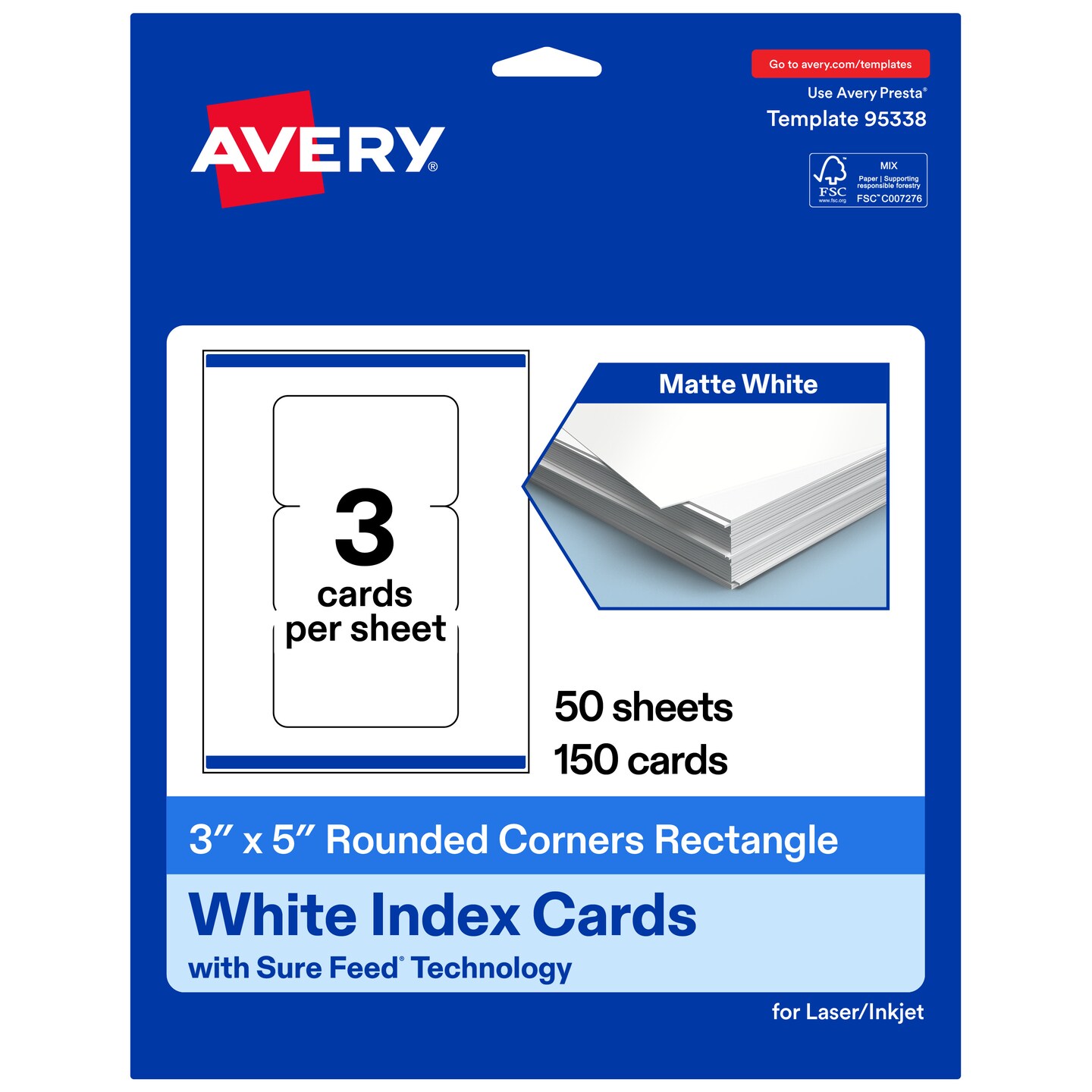 Avery Matte White Index Cards, 3" x 5" Rectangle Rounded Corners