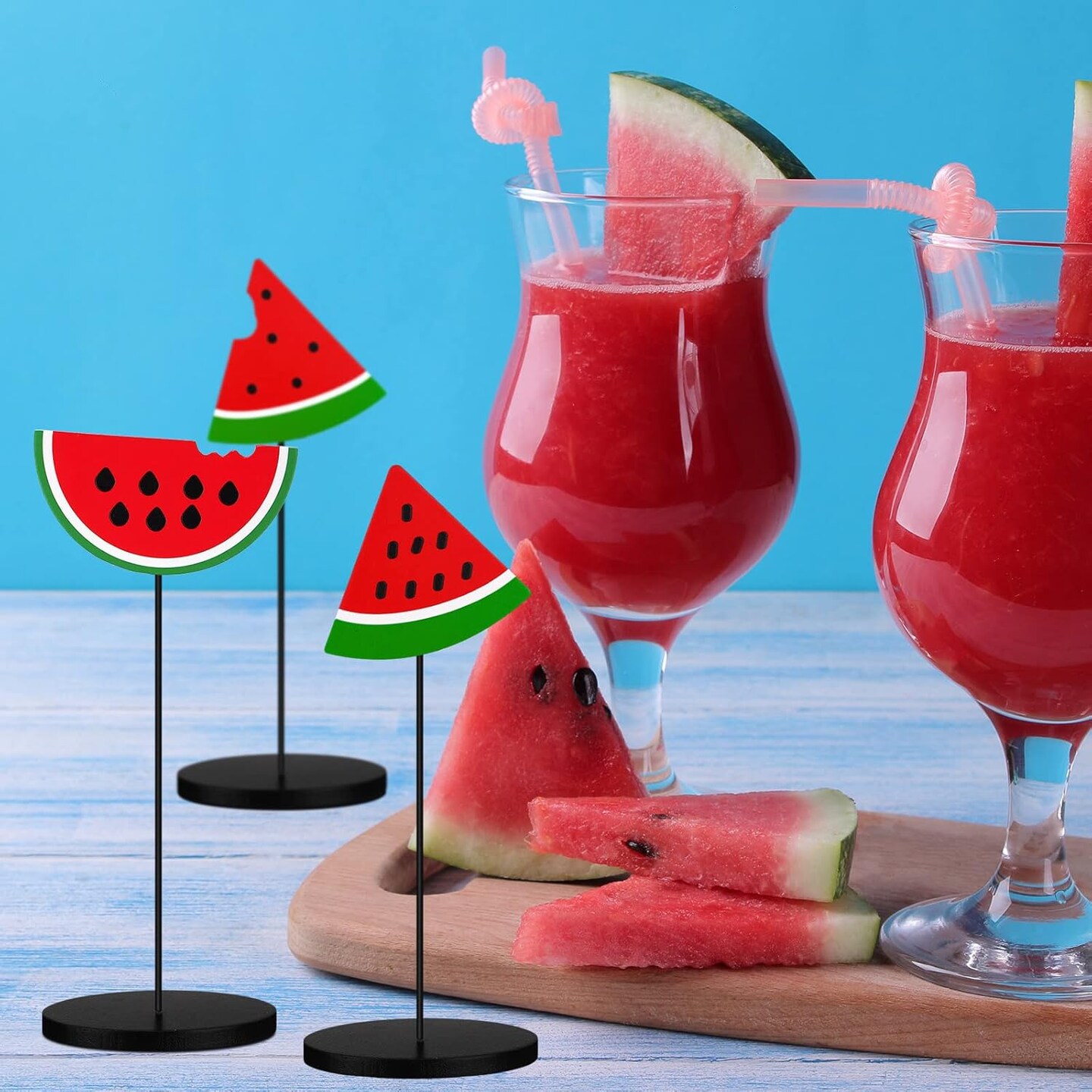 5 Pcs Summer Watermelon Wooden Sign Summer Farmhouse Wooden Tiered Tray Decor Rustic Table Topper Sign for Farmhouse Home Kitchen Party Decor (Watermelon Style)