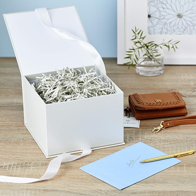 Medium Gift Box with Lid and Shredded Paper Fill (Grey White 7 inch Box) for Weddings, Bridal Showers, Graduations, Birthdays, Bridesmaids Gifts, All Occasion