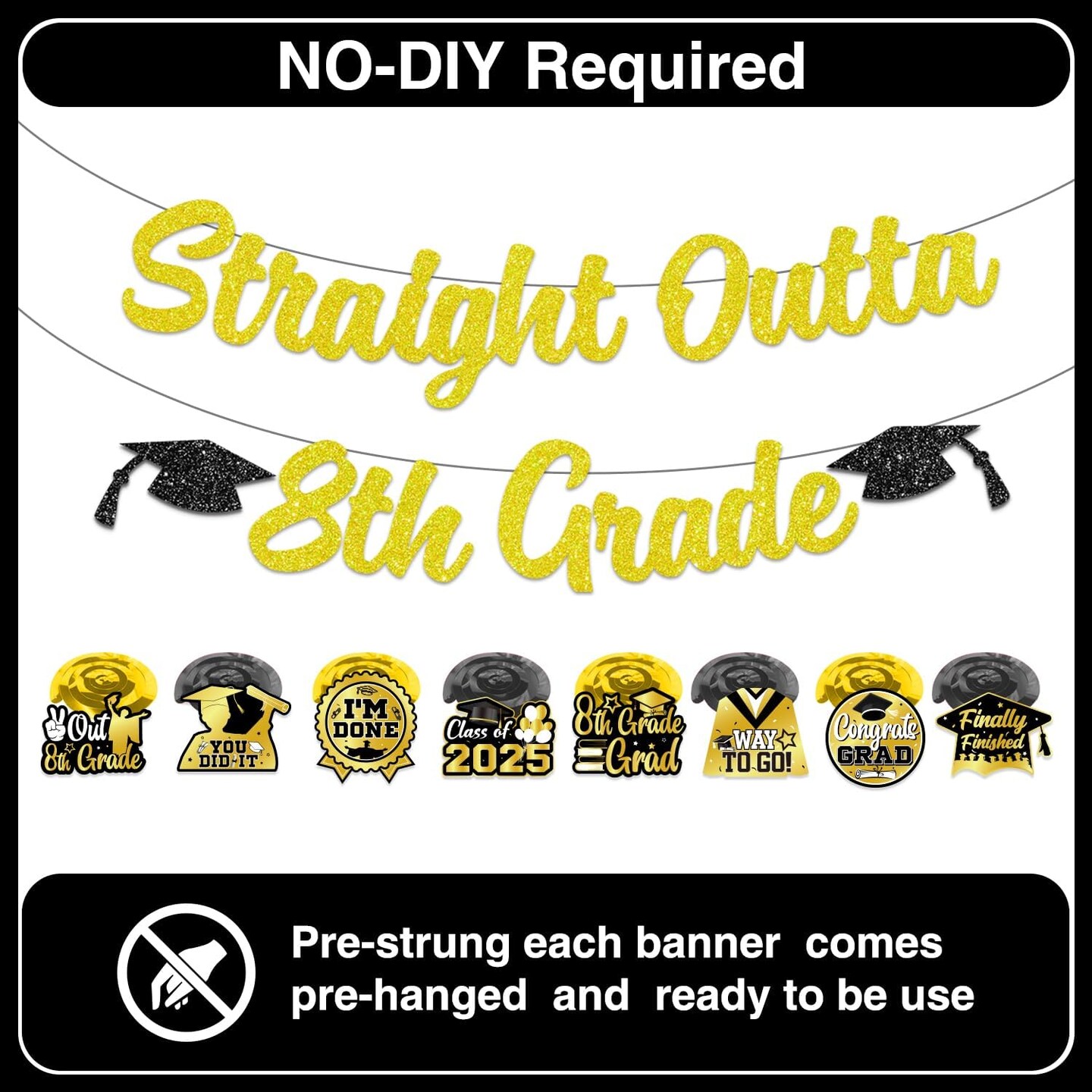 Glitter Straight Outta 8th Grade Party Decorations Banner Swirls, NO-DIY 8th Grade Graduation Decorations, Black Gold 8th Grade Graduation Banner Hanging Swirls, Middle School Graduation Decorations
