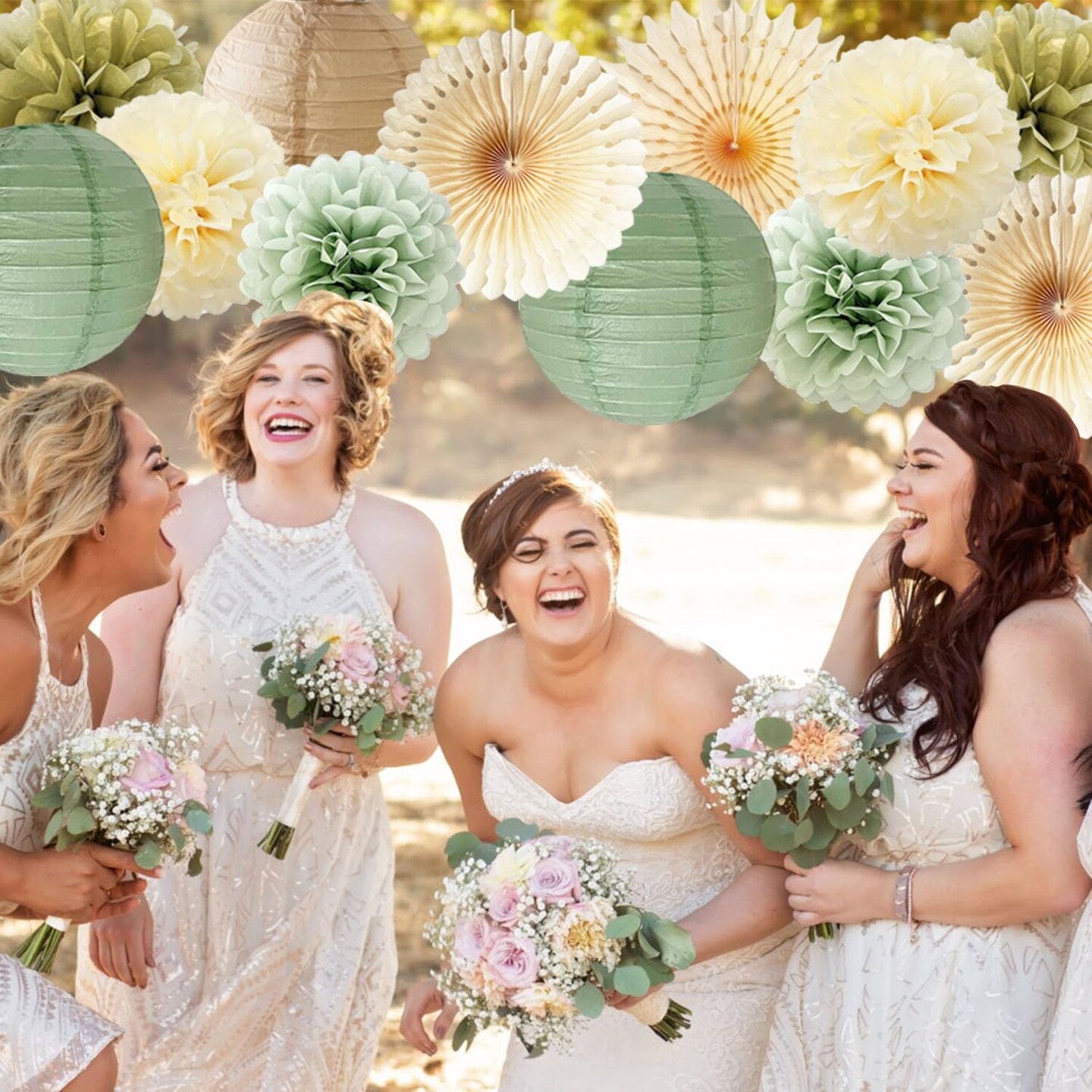 Sage Gold Cream Tissue Paper Pom Poms Paper Lanterns(Sage Green, Cream, Gold)