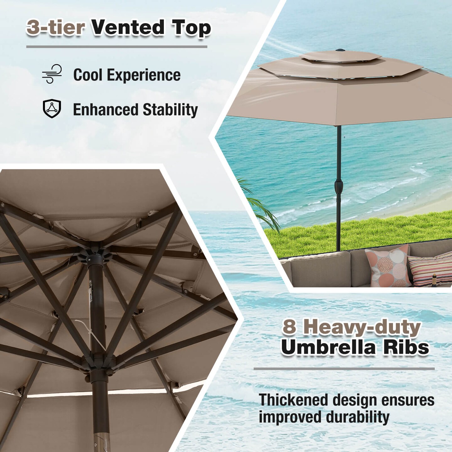 Costway 10 ft 3-tier Vented Patio Umbrella Large Market Table Umbrella Outdoor Sun Shade Brown/Turquoise/Navy/Beige/Gray/Red/Black