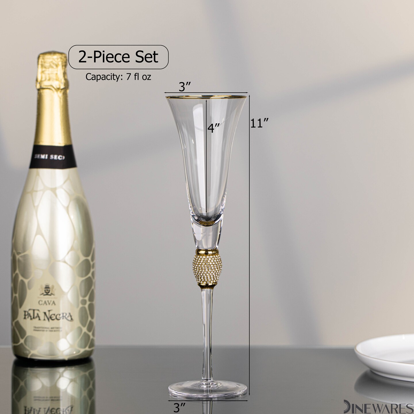 Elegant Crystal Set Wedding Champagne Glasses with Diamond Rhinestone Accents and a Polished Rim - 11 in Tall with Slender Long Stems, 7 oz - Chic Toasting Set for the Bride and Groom